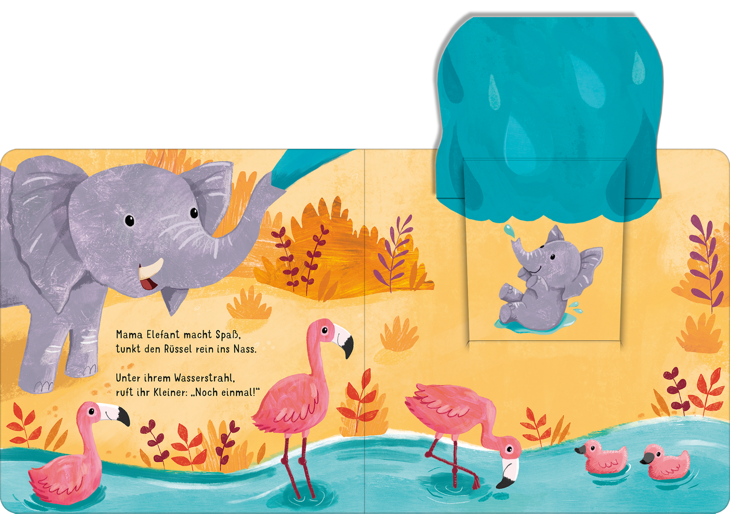 Gezeigt wird eine Innen- oder Zusatzansicht von „Klapp auf! Wo verstecken sich die wilden Tiere?“. Auf einer bunten, detailreichen Seite ist ein fröhlicher Elefant zu sehen, der Wasser spritzt. Um ihn herum stehen rosa Flamingos in einem blauen Gewässer, während hinter ihnen orangefarbene Pflanzenblätter im Vordergrund stehen. Die Schrift ist groß und gut lesbar, und die Farben sind lebhaft und einladend, was die verspielte Atmosphäre des Buches unterstreicht.