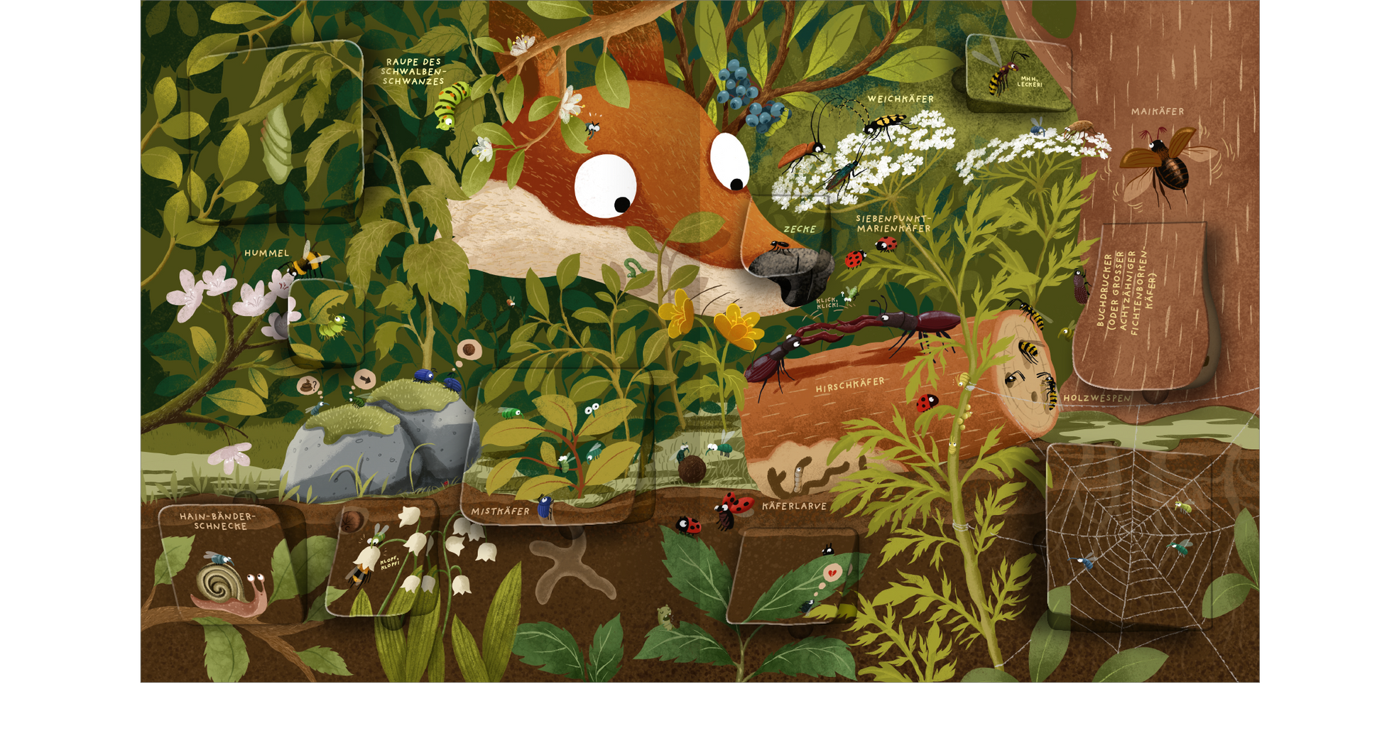 Gezeigt wird eine Innen- oder Zusatzansicht von „Die große Welt der Krabbeltiere“. Die Illustration zeigt einen bunten Wald mit einem neugierigen Fuchs, umgeben von verschiedenen Pflanzen und Krabbelwesen. Die Farben sind überwiegend grün, braun und lebhafte Akzentfarben. Die Typografie ist spielerisch und gut lesbar, mit Labels, die die abgebildeten Tiere benennen. Es gibt eine Vielzahl von Details, die die lebendige Natur darstellen und zur Erkundung einladen.