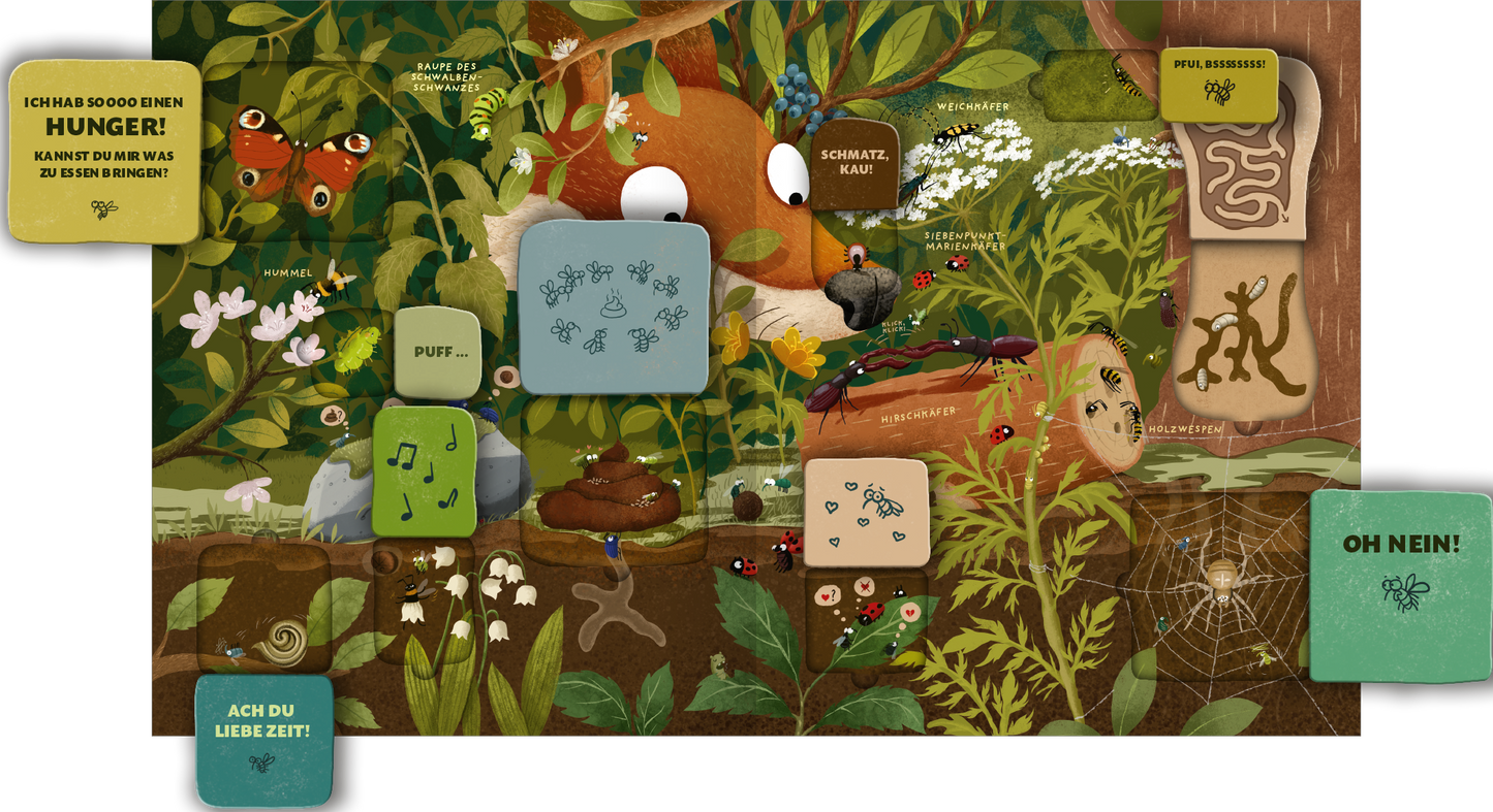 Gezeigt wird eine Innen- oder Zusatzansicht von „Die große Welt der Krabbeltiere“. Die Illustration zeigt eine lebhafte, grüne Umgebung mit verschiedenen Pflanzen und Insekten. Farben wie kräftiges Grün, sanftes Braun und leuchtendes Orange dominieren die Szene. Auf verschiedenen Elementen sind kurze, verspielte Texte und Symbole in einer kindgerechten, verschnörkelten Schriftart platziert, die zur Interaktivität einladen. Die Anordnung der Elemente wirkt einladend und ansprechend...