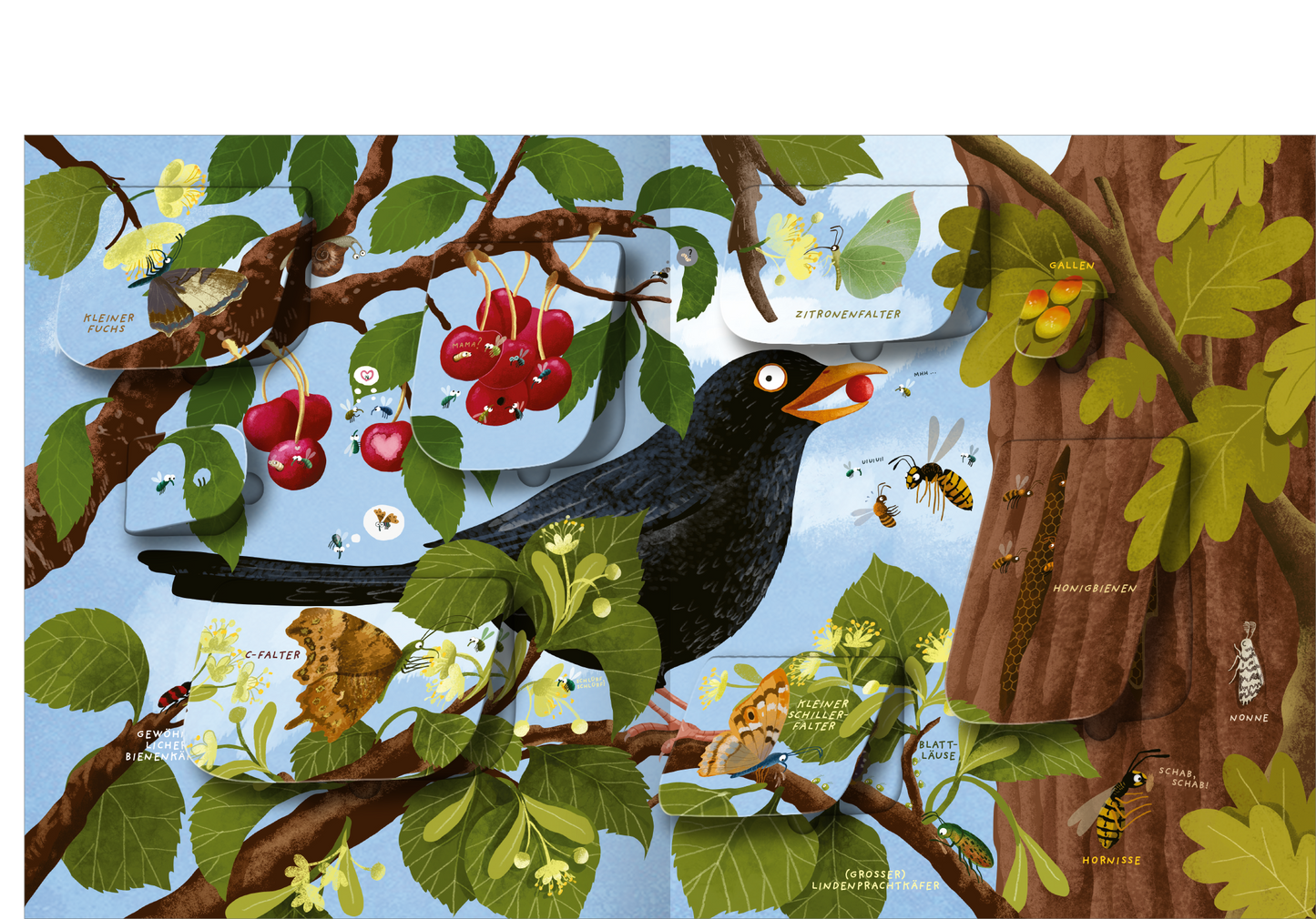 Gezeigt wird eine Innenansicht von „Die große Welt der Krabbeltiere“. Die Illustration zeigt einen lebendigen Baum mit grünen Blättern und bunten, roten Kirschen. In der Mitte sitzt ein schwarzer Vogel, der einen roten Beerenpickt. Im Hintergrund ist ein blauer Himmel zu sehen. Auf den Ästen befinden sich verschiedene Insekten, die mit ihren Namen beschriftet sind. Die Farbpalette ist frisch und einladend, während die typografischen Elemente klar und gut lesbar sind.