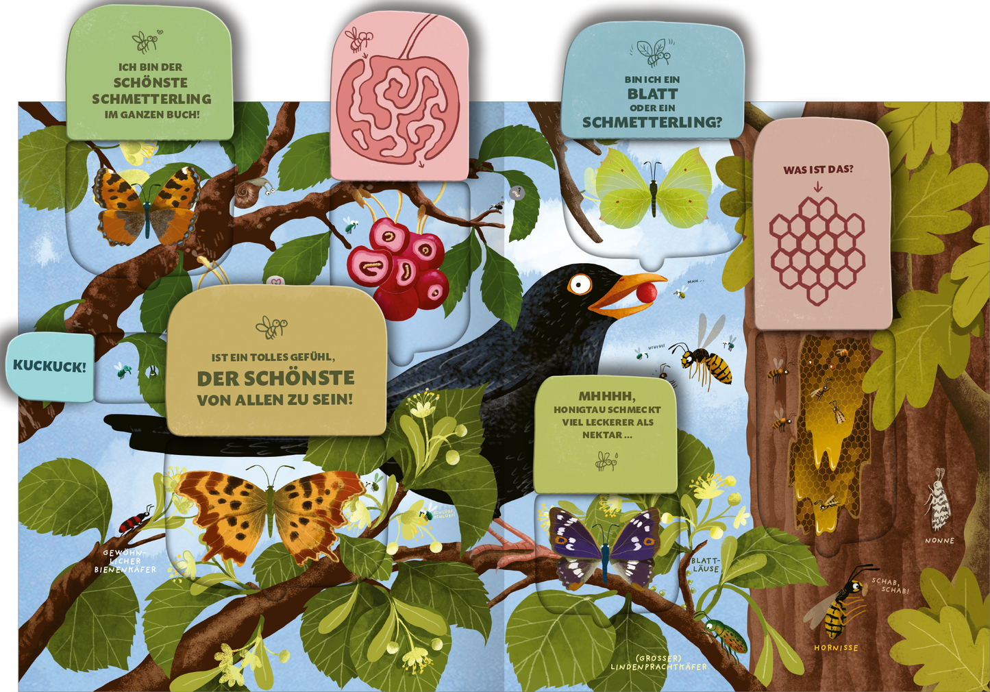 Gezeigt wird eine Innen- oder Zusatzansicht von „Die große Welt der Krabbeltiere“. Die Illustration zeigt eine lebendige Naturszene mit einem bunten Mix aus Schmetterlingen und anderen Insekten, umgeben von grünen Blättern. In verschiedenen Farben gehaltene Sprechblasen enthalten kindgerechte Texte, die Fragen und Aussagen von Tieren in der Szene beinhalten. Die Typografie ist verspielt und gut lesbar, wobei die Farbwahl gut aufeinander abgestimmt ist, um die Aufmerksamkeit zu fesseln.