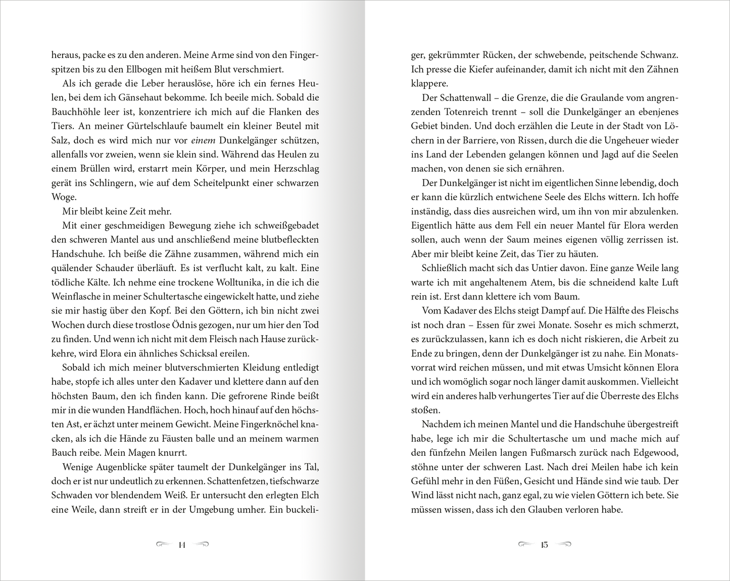 Gezeigt wird eine Innenansicht von „The North Wind – Reich aus Eis und Schatten“. Die Seite zeigt zwei Textspalten mit einem klaren, gut lesbaren Serifenschriftzug in dunklem Grau auf hellem Hintergrund. Der Text ist in ansprechendem, flüssigem Stil verfasst und vermittelt eine klare Lesbarkeit. Margen sind großzügig gestaltet, was den Inhalt von den Seitenrändern abhebt und eine angenehme Leseerfahrung bietet. Die Seitenzahlen sind dezent am unteren Rand platziert.