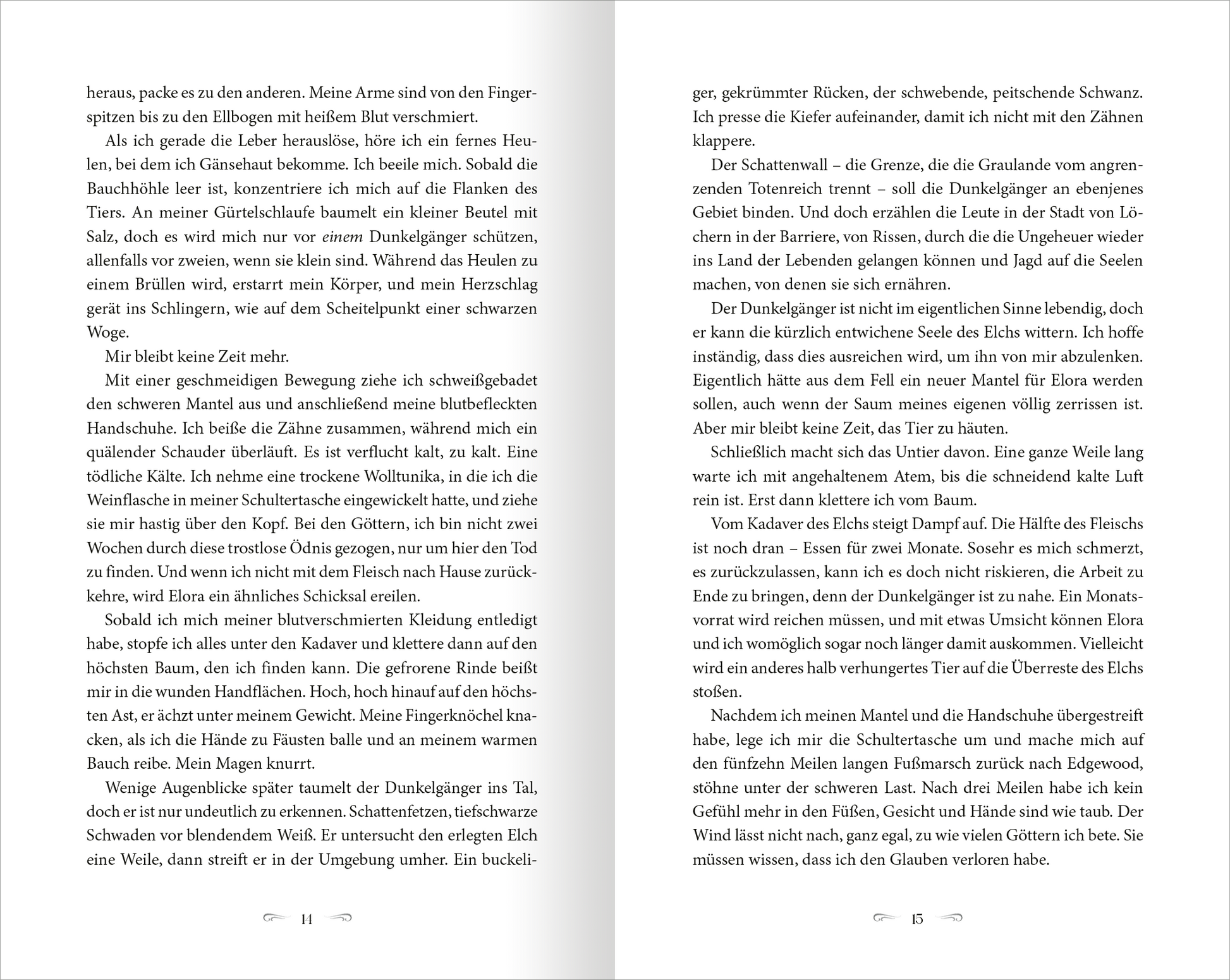 Gezeigt wird eine Innenansicht von „The North Wind – Reich aus Eis und Schatten“. Die Seite zeigt zwei Textspalten mit einem klaren, gut lesbaren Serifenschriftzug in dunklem Grau auf hellem Hintergrund. Der Text ist in ansprechendem, flüssigem Stil verfasst und vermittelt eine klare Lesbarkeit. Margen sind großzügig gestaltet, was den Inhalt von den Seitenrändern abhebt und eine angenehme Leseerfahrung bietet. Die Seitenzahlen sind dezent am unteren Rand platziert.