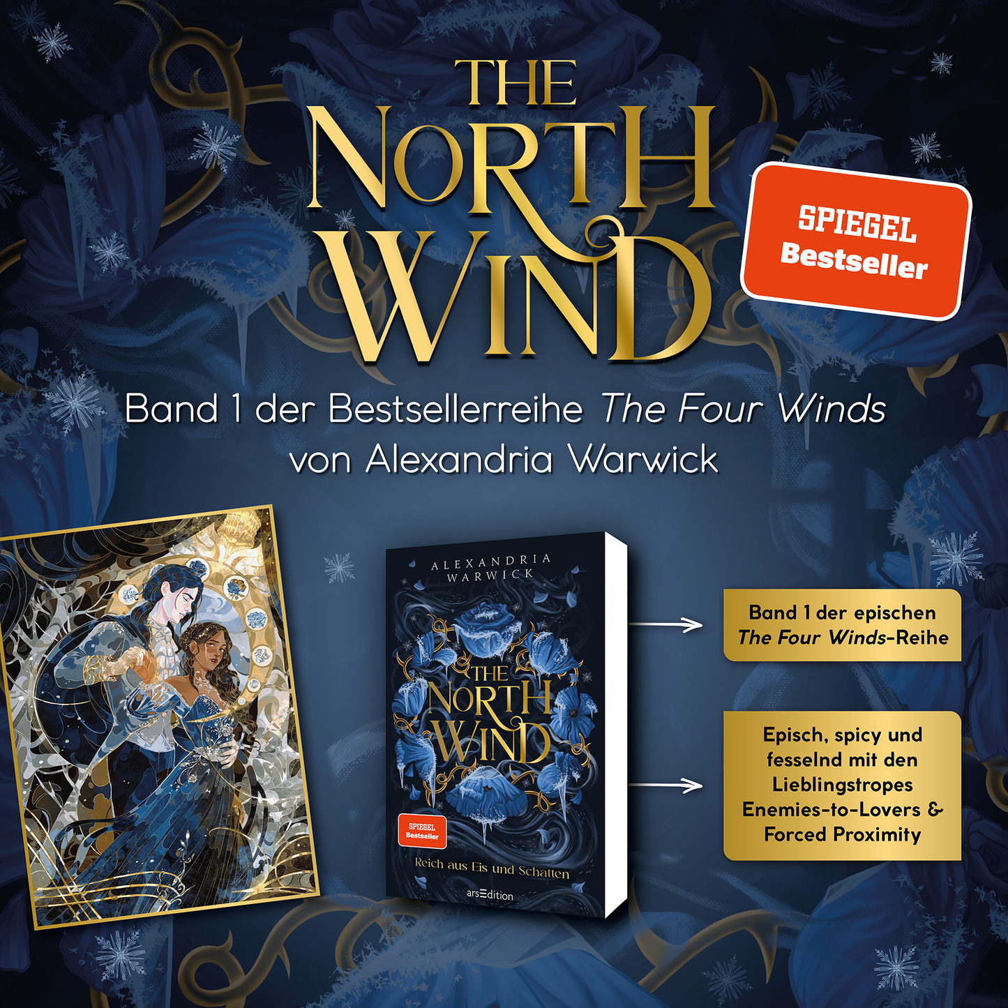 Gezeigt wird eine Innen- oder Zusatzansicht von „The North Wind – Reich aus Eis und Schatten“. Das Cover zeigt eine elegante Kombination aus Blautönen und goldenen Schriftzügen, die den Titel hervorheben. Links ist eine reich verzierte Illustration einer weiblichen Figur zu sehen, umgeben von frostigen Elementen. Typografisch setzt der Titel auf eine große, serifenlose Schrift, während zusätzliche Informationen in einer kleineren, gut lesbaren Schriftart präsentiert werden. Die...