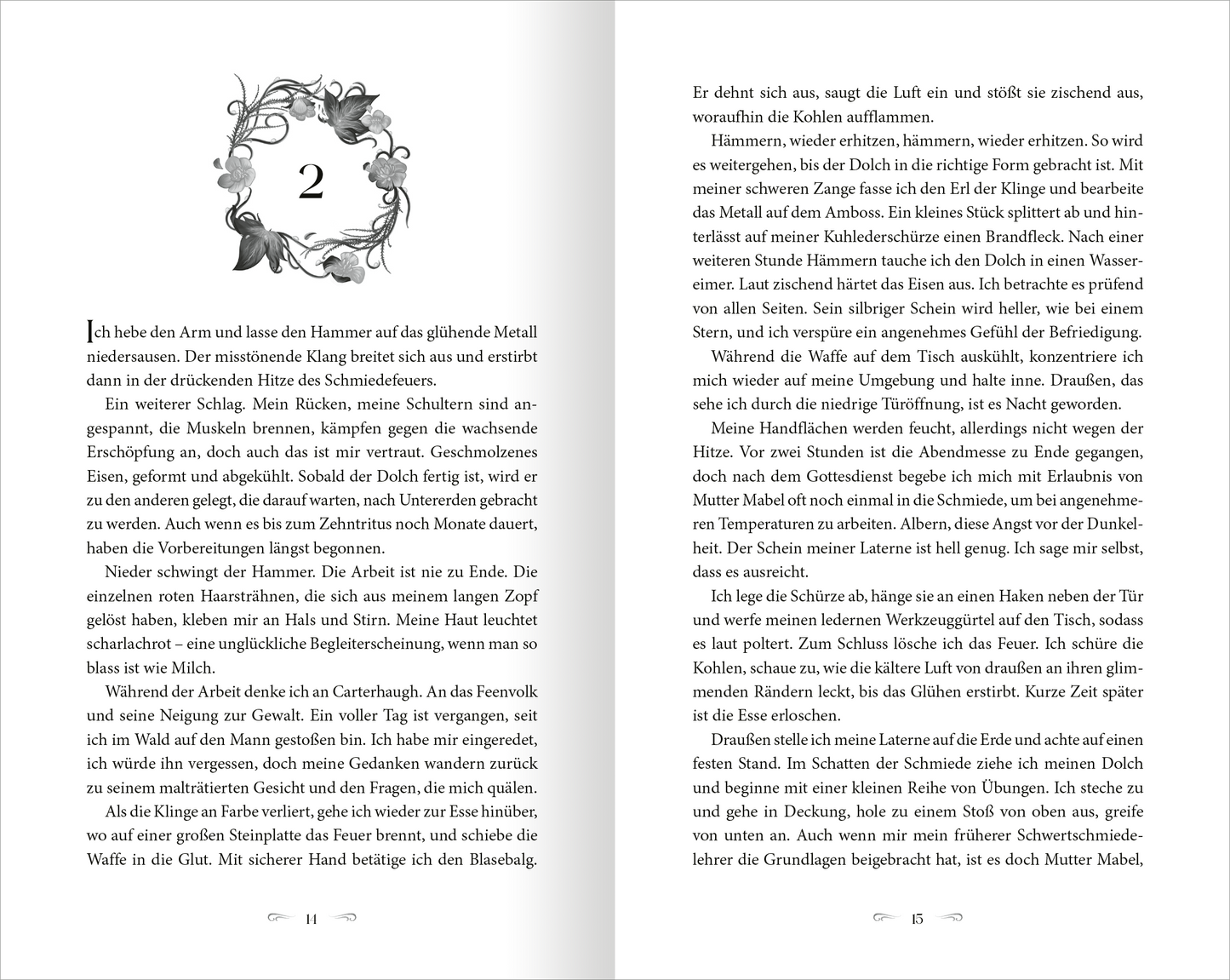 Gezeigt wird eine Innenansicht von „The West Wind – Reich aus Licht und Dornen“. Die Seite zeigt den klaren, eleganten Text in einer gut lesbaren Schriftart, die auf hellem Hintergrund platziert ist. Um den Text herum befindet sich eine dekorative, verschnörkelte Einfassung, die sich in sanften Schwarz- und Grautönen abhebt. Die Seitenzahlen sind am unteren Rand eingetragen, und der gesamte Layout sorgt für eine ruhige, harmonische Leseerfahrung.