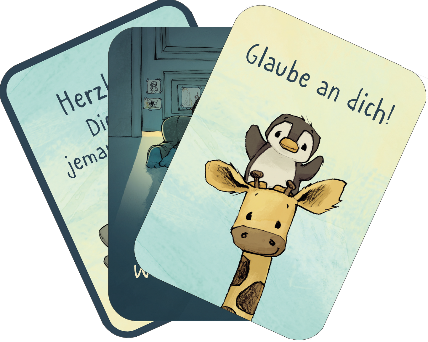 Gezeigt wird eine Innenansicht von „Anouk – Mutmachkarten“. Die Karten zeigen liebevolle, kindgerechte Illustrationen, darunter einen Pinguin und eine Giraffe. Die Farbpalette ist sanft mit hellen Tönen in Blau und Gelb. Auf den Karten stehen motivierende Sprüche. In dieser Ansicht sind drei Karten als Kartenfächer gezeigt.