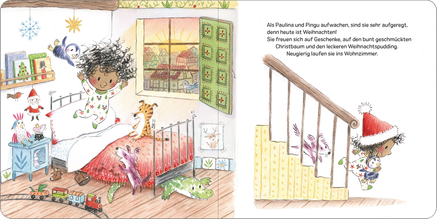 Gezeigt wird eine Innen- oder Zusatzansicht von „Paulina auf der Suche nach Weihnachten“. Die Szene zeigt ein gemütliches Kinderzimmer mit einem bunten Bett und einem Fenster, durch das helles Licht strömt. Paulina, ein Mädchen mit lockigem Haar, trägt einen Schlafanzug, während sie fröhlich auf ihrem Bett sitzt. Um sie herum sind Spielzeug und Weihnachtsdekorationen verteilt. Die Farbpalette ist lebhaft mit warmen Tönen, und die Typografie ist klar und kindgerecht.