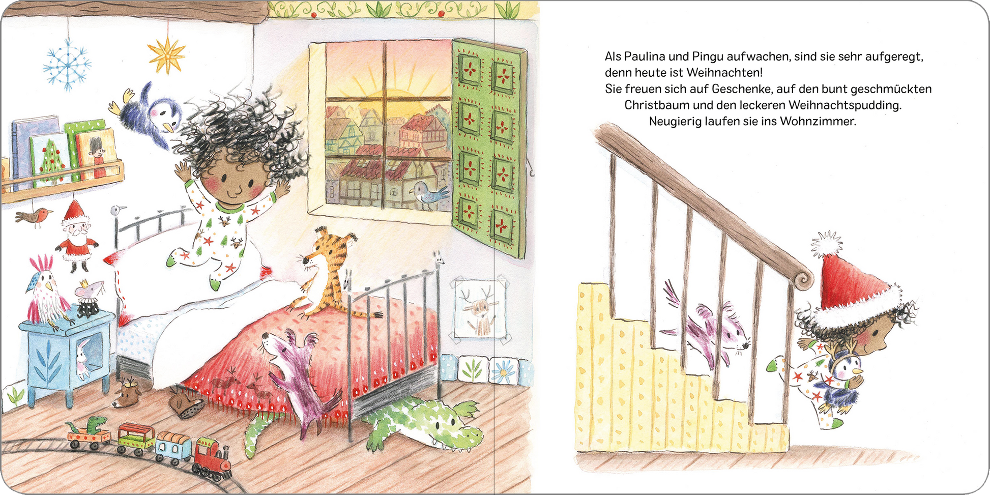 Gezeigt wird eine Innen- oder Zusatzansicht von „Paulina auf der Suche nach Weihnachten“. Die Szene zeigt ein gemütliches Kinderzimmer mit einem bunten Bett und einem Fenster, durch das helles Licht strömt. Paulina, ein Mädchen mit lockigem Haar, trägt einen Schlafanzug, während sie fröhlich auf ihrem Bett sitzt. Um sie herum sind Spielzeug und Weihnachtsdekorationen verteilt. Die Farbpalette ist lebhaft mit warmen Tönen, und die Typografie ist klar und kindgerecht.