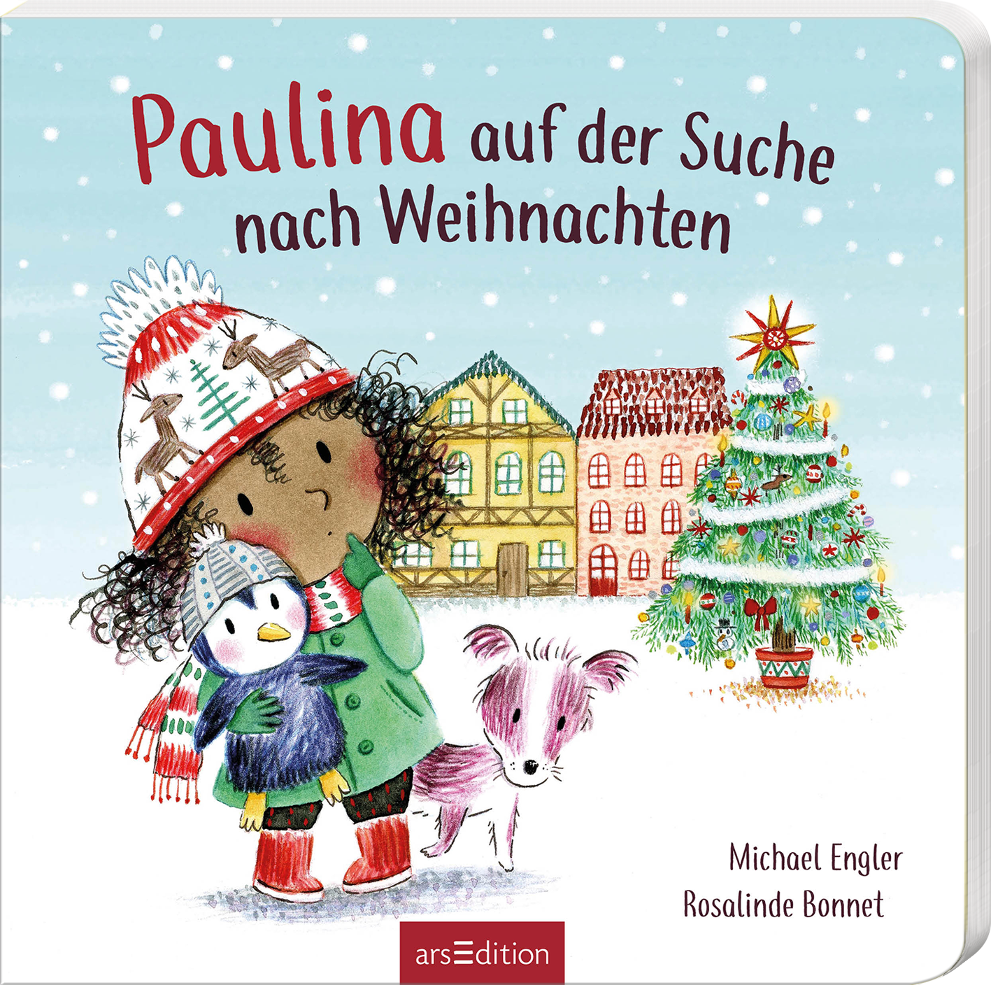Das Buchcover zeigt ein winterliches Szenario mit einer fröhlichen, dunkelhäutigen Mädchenfigur namens Paulina, die einen weißen Pinguin trägt. Umgeben von bunten, stilisierten Häusern und einem geschmückten Weihnachtsbaum strahlt die Illustration eine festliche Atmosphäre aus. Der Titel „Paulina auf der Suche nach Weihnachten“ wird in verspielter, lila Schrift oberhalb der Szene angezeigt. Ganz oben mittig befindet sich ein SPIEGEL-Bestseller-Button mit dem Text „Bestseller“....