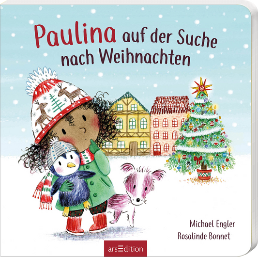 Das Buchcover zeigt ein winterliches Szenario mit einer fröhlichen, dunkelhäutigen Mädchenfigur namens Paulina, die einen weißen Pinguin trägt. Umgeben von bunten, stilisierten Häusern und einem geschmückten Weihnachtsbaum strahlt die Illustration eine festliche Atmosphäre aus. Der Titel „Paulina auf der Suche nach Weihnachten“ wird in verspielter, lila Schrift oberhalb der Szene angezeigt. Ganz oben mittig befindet sich ein SPIEGEL-Bestseller-Button mit dem Text „Bestseller“....