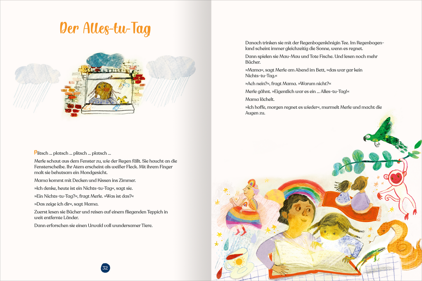 Gezeigt wird eine Innen- oder Zusatzansicht von „Geschichtenschatz für 4-Jährige“. Die Seite zeigt eine verspielte Illustration mit bunten Farben. Oben steht der Titel „Der Alles-tu-Tag“ in einer freundlichen, handschriftlichen Schriftart. Die Szenen zeigen Kinder bei verschiedenen Aktivitäten, umgeben von liebevollen Details wie Wolken und Vögeln. Die Typografie ist klar und gut lesbar, während die Illustrationen Lebensfreude und Kreativität ausstrahlen.