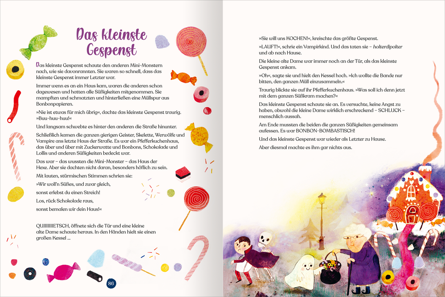 Gezeigt wird eine Innen- oder Zusatzansicht von „Geschichtenschatz für 4-Jährige“. Die Seiten sind in sanften Pastellfarben gehalten, ergänzt durch lebhafte Illustrationen von Süßigkeiten und kleinen Geistern. Der Titel „Das kleinste Gespenst“ ist in einer verspielten, geschwungenen Schrift gestaltet. Textblock und Illustrationen wechseln sich ab, wobei die Texte klar strukturiert sind und gut lesbar in dunkler Schrift auf hellem Hintergrund erscheinen. Kunterbunte Elemente wie...