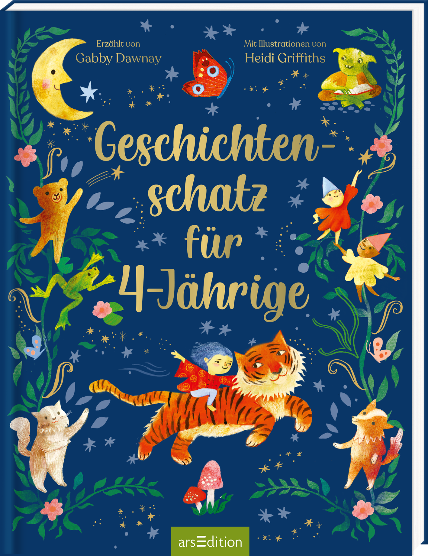 Auf dunkelblauem Hintergrund leuchten die Titelworte „Geschichten-schatz für 4-Jährige“ in verspielter, goldener Schrift. Um die Schrift sind bunte Illustrationen von Tieren und kleinen, magischen Wesen platziert, darunter ein Tiger, ein Bär und eine Meerjungfrau. Ein Halbmond und Sterne schaffen eine märchenhafte Stimmung. Oben rechts erkennt man den Text „Erzählt von Gabby Dawnay, mit Illustrationen von Heidi Griffiths“. Ein SPIEGEL-Bestseller-Button ist sichtbar. Ganz unten...