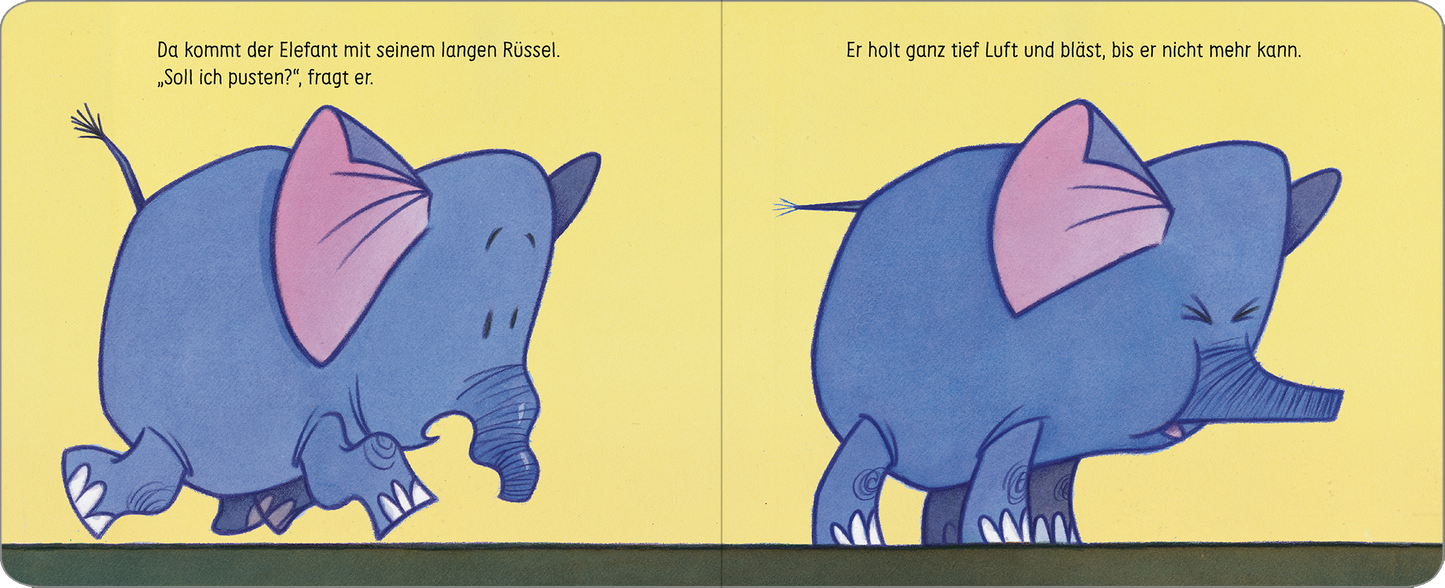 Gezeigt wird eine Innen- oder Zusatzansicht von „Aua!“. Auf der linken Seite ist ein dunkelblauer Elefant mit großen, rosa Ohren und einem langen Rüssel zu sehen. Er fragt mit einem neugierigen Ausdruck: „Soll ich pusten?“. Die rechte Seite zeigt denselben Elefanten, der tief Luft holt und kräftig pustet. Der Hintergrund ist in einem warmen Gelbton gehalten, die Schrift ist klar und gut lesbar, gestaltet in einer freundlichen, kindgerechten Typografie.