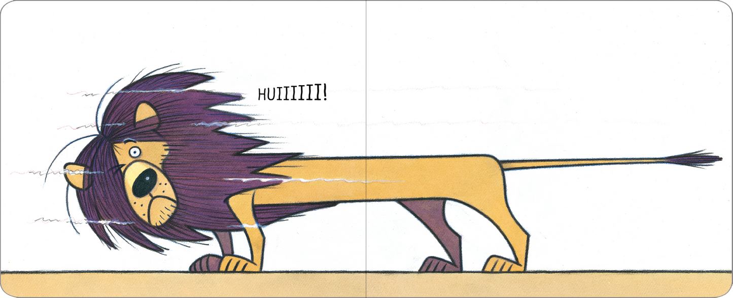 Gezeigt wird eine Innen- oder Zusatzansicht von „Aua!“. Die Illustration zeigt einen gelben Löwen mit einer großen, struppigen Mähne in Violett. Der Löwe hat einen überraschten Gesichtsausdruck und seine Augen sind weit geöffnet. Über ihm steht in großen, kräftigen Buchstaben das Wort „HUIIIIII!“, das auf einen schrillen Ton hindeutet. Der Hintergrund ist schlicht gehalten, was die lebhaften Farben des Löwen hervorhebt.