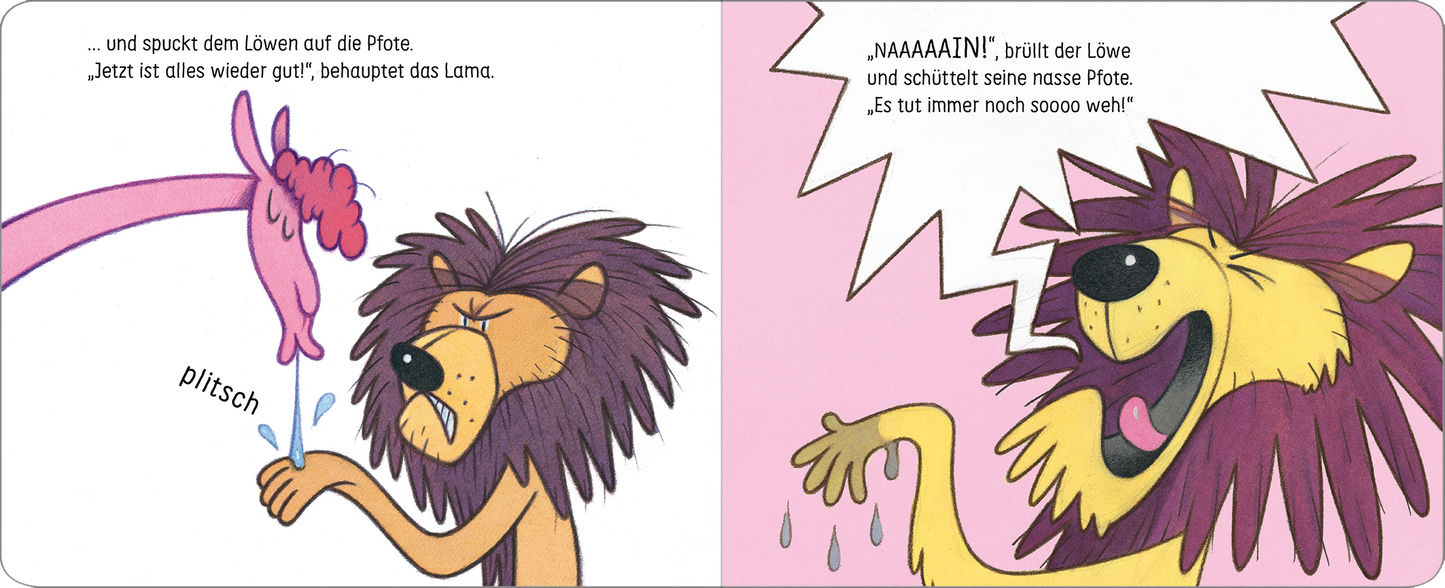 Gezeigt wird eine Innen- oder Zusatzansicht von „Aua!“. Auf der linken Seite sieht man ein pinkes Lama, das auf einen braunen Löwen spuckt. Der Löwe hat eine verwirrte Miene und wischte sich mit seiner gelben Hand die nassen Spritzer ab. Auf der rechten Seite brüllt der Löwe laut und schüttelt seinen Kopf, während er einen schmerzlichen Ausdruck zeigt. Die bunten, kräftigen Farben und die comicartige Typografie verleihen dem Bild eine humorvolle Note.