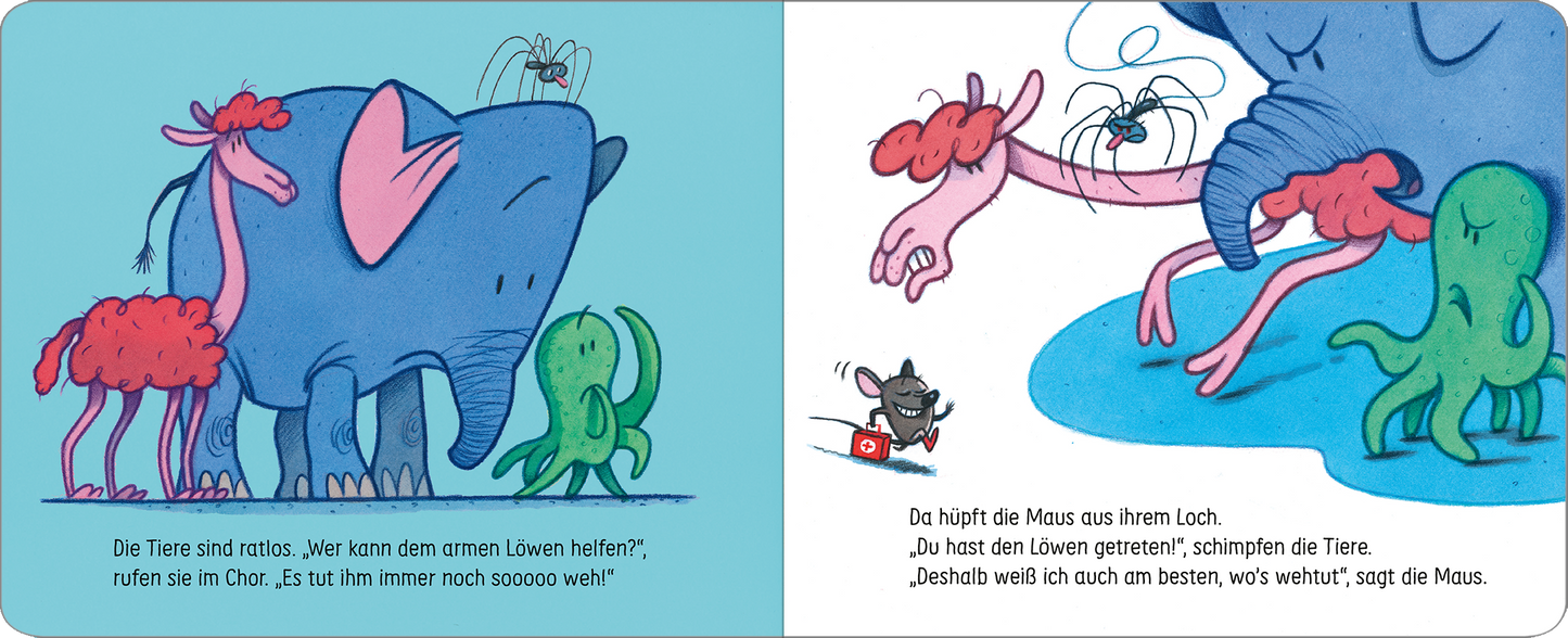 Gezeigt wird eine Innen- oder Zusatzansicht von „Aua!“. Die Illustration zeigt einen blauen Elefanten mit rosa Ohren, umgeben von einem bunten Mix aus Tieren, darunter ein Lila-Oktopus und zwei strahlend rote Vögel. Auf der rechten Seite ist eine Maus zu sehen, die aus ihrem Versteck schaut. Der Hintergrund ist hellblau und die Typografie ist kindgerecht, mit großen, verspielten Buchstaben in unterschiedlicher Farbe.