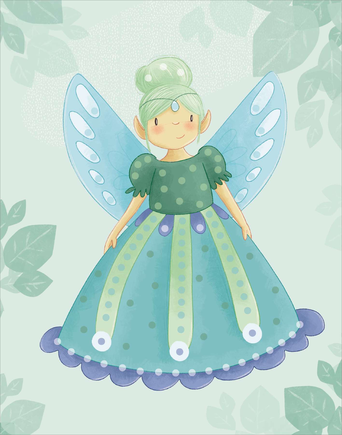 Gezeigt wird eine Innen- oder Zusatzansicht von „Diamantsticker Anziehpuppen – Prinzessinnen und Prinzen“. Die Illustration zeigt eine zauberhafte Prinzessin mit schimmernden, blauen Flügeln und einem grünen Kleid, das mit Punkten und farbigen Streifen verziert ist. Der Hintergrund ist in sanften Grün- und Blautönen gehalten, um eine märchenhafte Atmosphäre zu schaffen. Die Typografie ist verspielt und kindgerecht gestaltet, passend zu dem fantasievollen Thema.