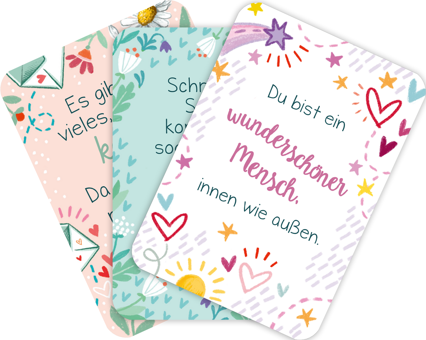 Gezeigt wird eine Ansicht von drei gefächerten Karten aus der Kartenbox „Du bist genau richtig! – 50 Karten für dich“. Die Karten präsentieren fröhliche, bunte Designs mit sanften Farben wie Türkis, Rosa und weiß. Jede Karte enthält einen Spruch in einer handschriftlich anmutenden Typografie in verschiedenen Stilen. Illustrationen von Herzen, Sonnen und floralen Elementen umrahmen die Texte und verleihen den Karten eine einladende und positive Ausstrahlung.