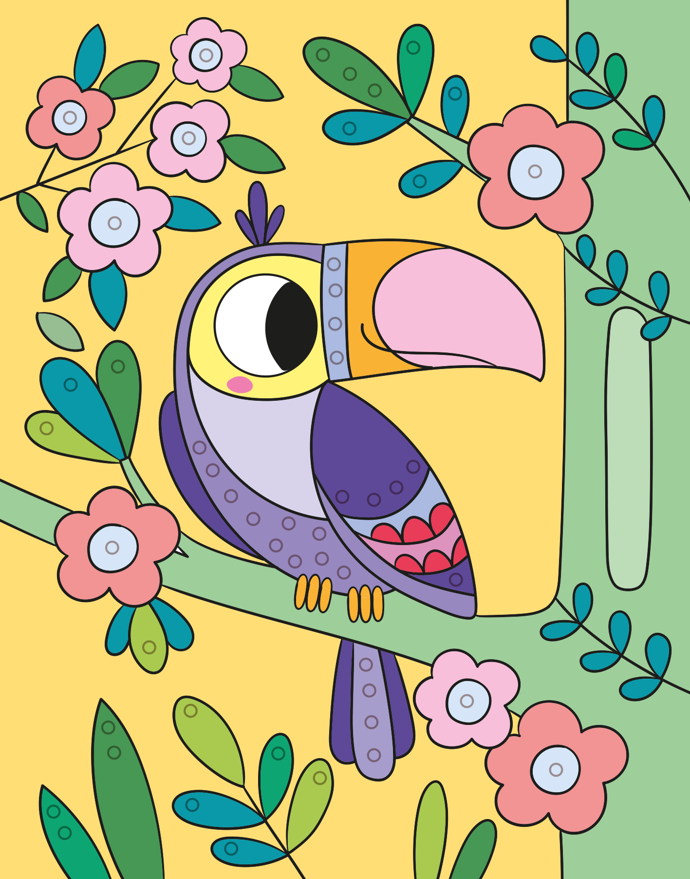 Gezeigt wird eine Innen- oder Zusatzansicht von „Mein Diamant-Stickerheft – Tiere“. Die Illustration zeigt einen bunten Tukan, der auf einem Ast sitzt, umgeben von pinken Blumen und grünen Blättern. Der Hintergrund ist in leuchtendem Gelb gehalten, was die lebhaften Farben des Vogels und der Pflanzen betont. Die Gestaltung ist verspielt mit klaren, kräftigen Linien.