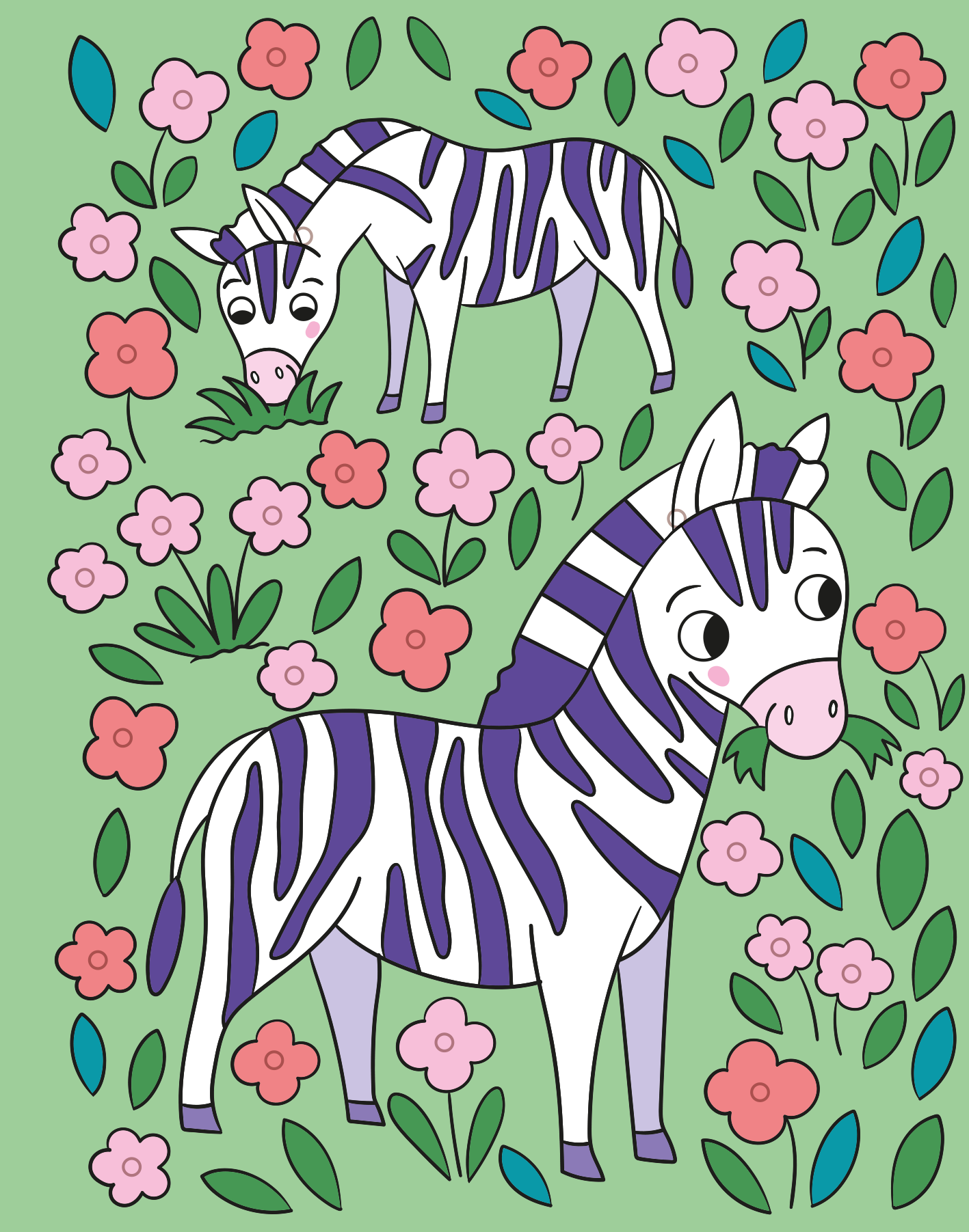 Gezeigt wird eine Innen- oder Zusatzansicht von „Mein Diamant-Stickerheft – Tiere“. Die Illustration zeigt zwei niedliche Zebras in einem bunten Blumenfeld. Die Zebras sind in kräftigen weißen und lila Streifen gehalten und haben freundliche Gesichter. Der Hintergrund ist in einem sanften Grün gehalten, bewachsen von rosa und roten Blüten sowie grünen Blättern.