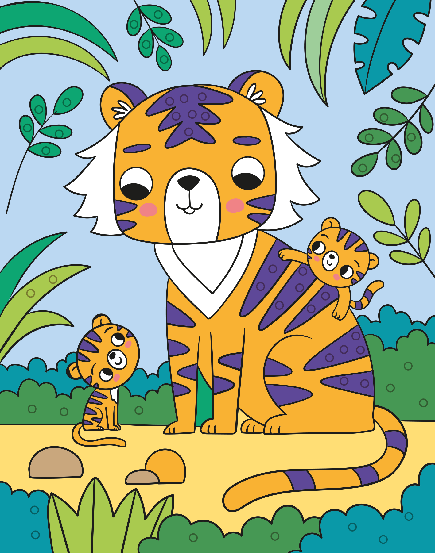 Gezeigt wird eine Innen- oder Zusatzansicht von „Mein Diamant-Stickerheft – Tiere“. Die Illustration zeigt eine freundliche, orangefarbene Tigermutter mit lila Streifen, die zwei kleine Tiger mit runden Gesichtern um sich hat. Der Hintergrund ist in sanften Blautönen gestaltet und wird von grünen Blättern und Pflanzen umrahmt.