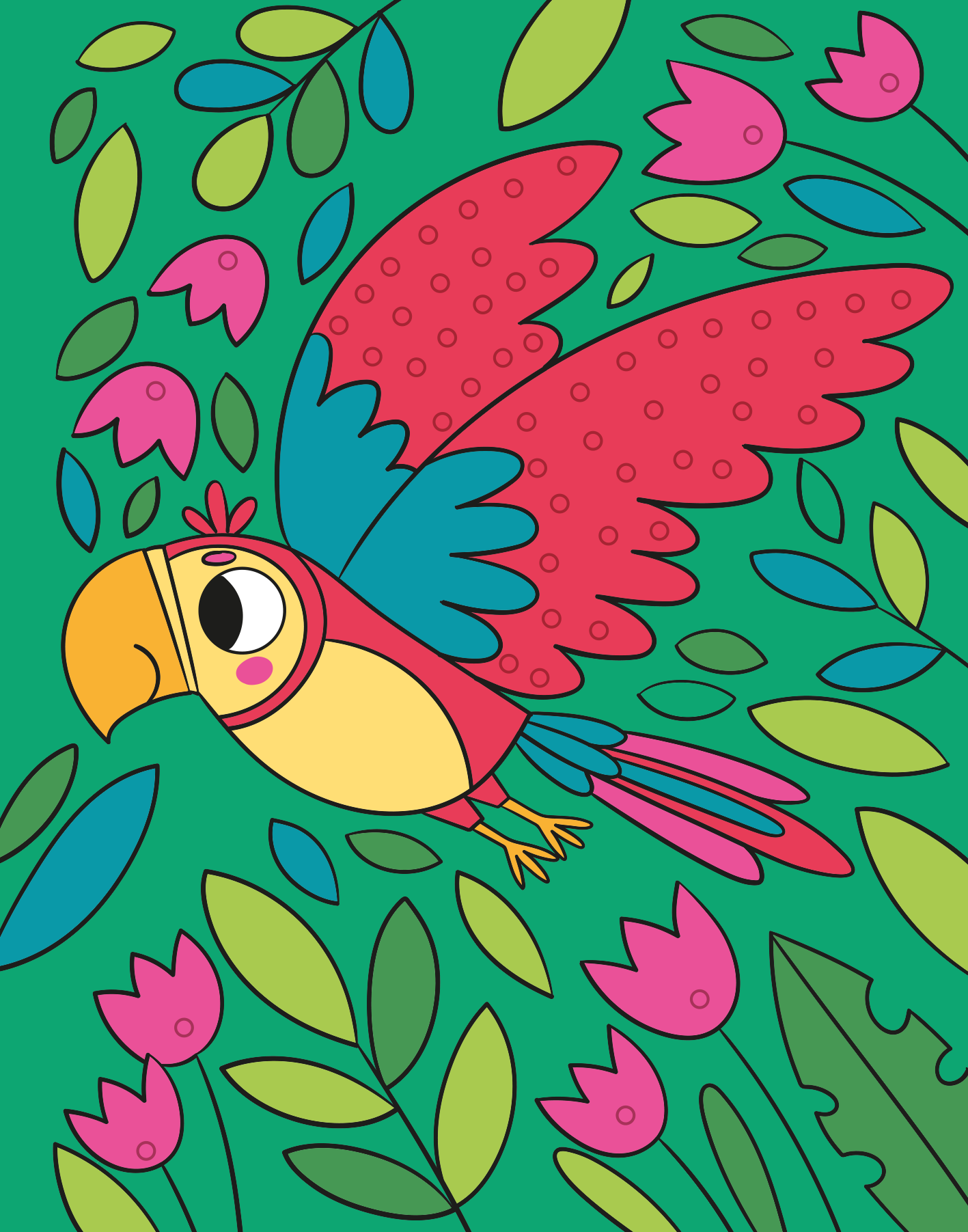 Gezeigt wird eine Innen- oder Zusatzansicht von „Mein Diamant-Stickerheft – Tiere“. Die Illustration zeigt einen bunten Papagei mit roten und blauen Flügeln vor einem leuchtend grünen Hintergrund. Umgeben von stilisierten, farbenfrohen Blumen und Blättern in Pink und Grün, vermittelt die Gestaltung eine fröhliche, lebendige Atmosphäre.