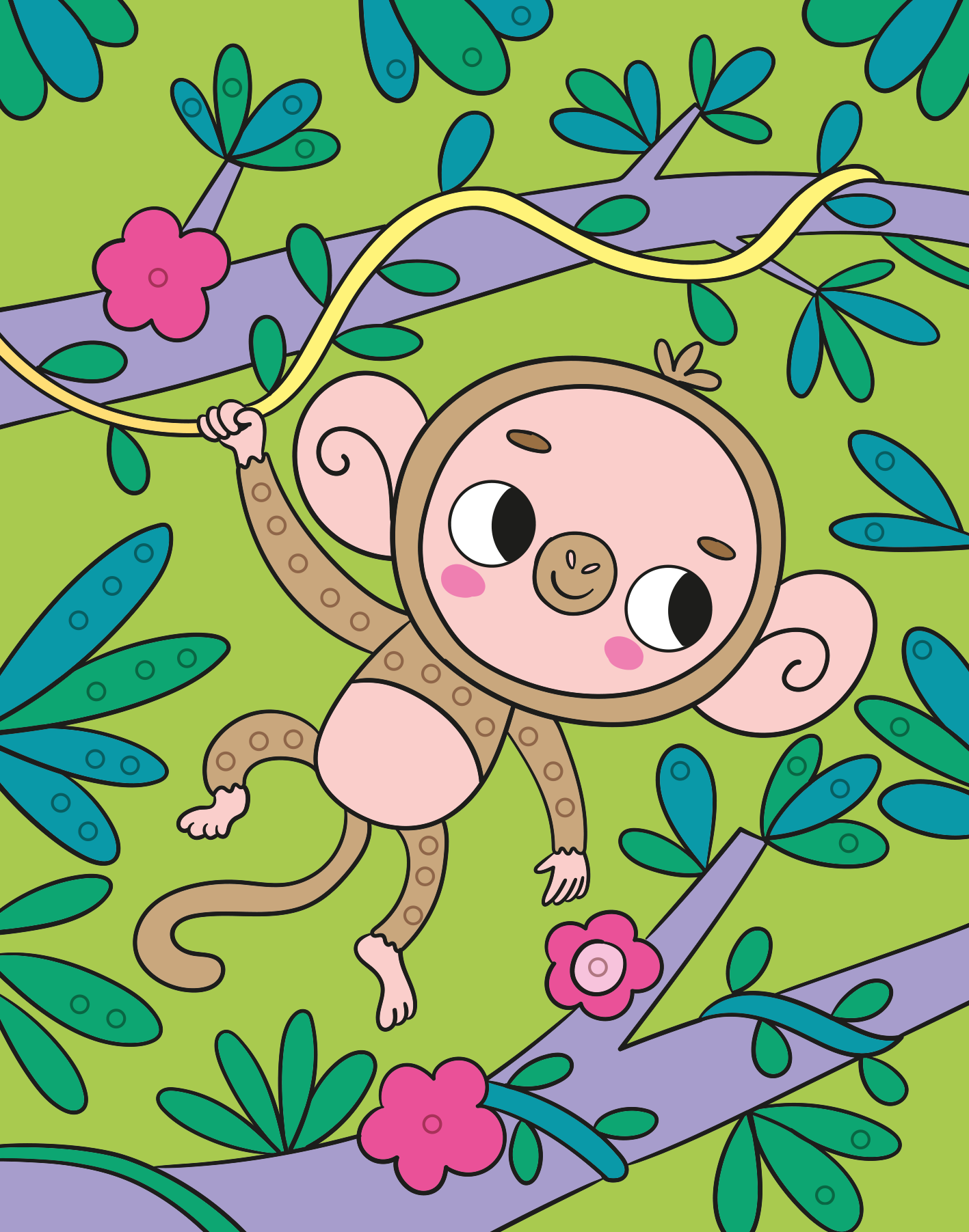 Gezeigt wird eine Innen- oder Zusatzansicht von „Mein Diamant-Stickerheft – Tiere“. Die Abbildung zeigt einen niedlichen, stilisierten Affen, der an einem lianenartigen Ast schwingt. Die Farbpalette umfasst lebendige Grüntöne im Hintergrund, ergänzt durch pinke Blumen und unterschiedlich geformte grüne Blätter. Der Affe hat ein rundes Gesicht mit großen Augen und einem lächelnden Mund.