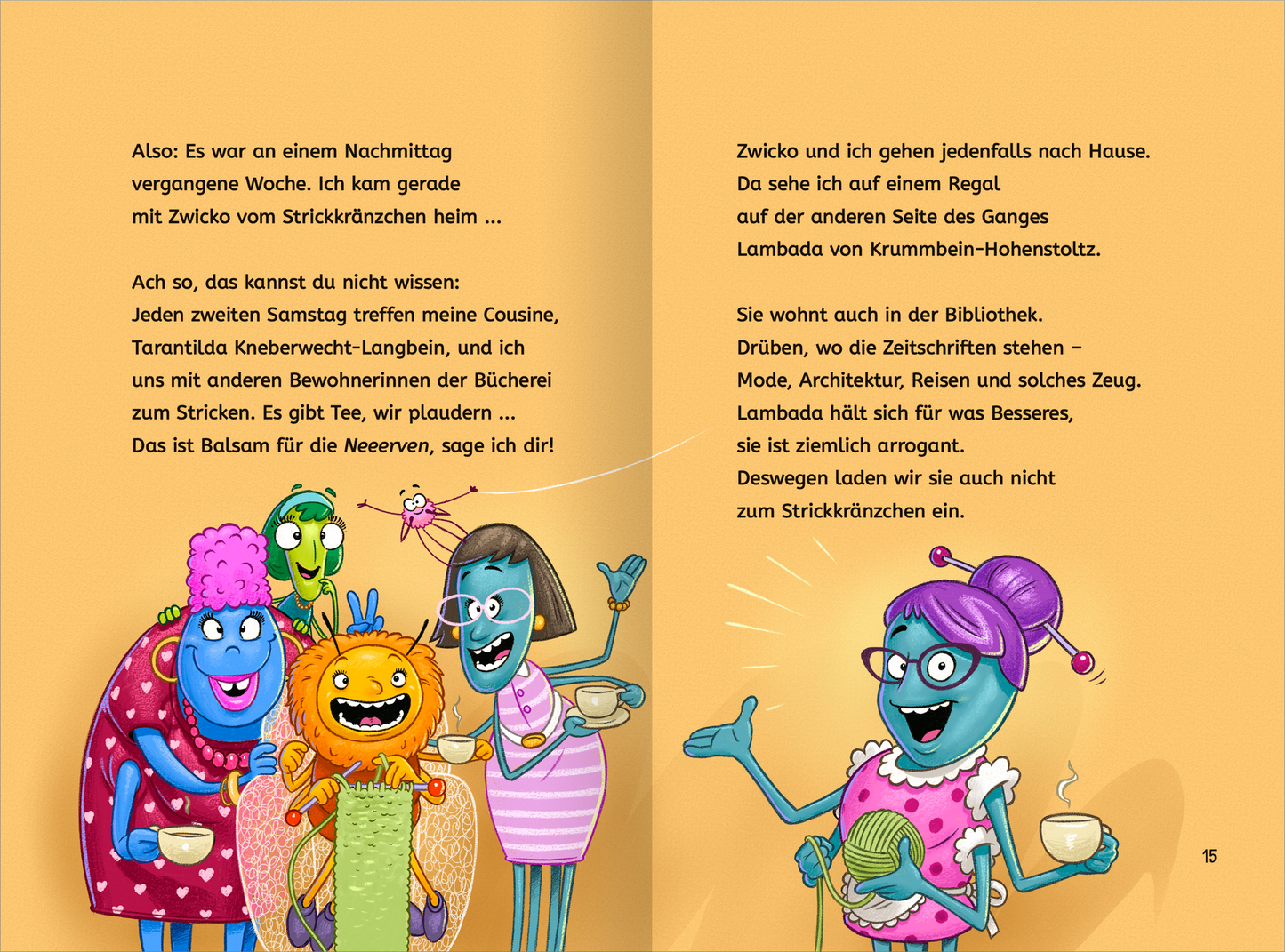 Gezeigt wird eine Innen- oder Zusatzansicht von „Lesen NERVT! – Bücher? Voll anstrengend!“. Die Illustration zeigt eine Gruppe von bunten, cartoonhaften Charakteren, die fröhlich zusammenstehen und stricken. Die Figuren sind lebendigen Farben wie Pink, Blau und Gelb gehalten. Rechts daneben sieht man die Figur Karoline Kneberwecht vor einem gelben Hintergrund. Die Figur hat lila Haare, trägt ein pinkes Kleid und hat vier Arme. Die Typografie ist groß und klar.