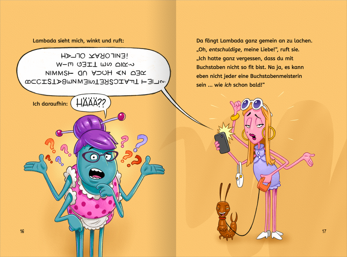 Gezeigt wird eine Innen- oder Zusatzansicht von „Lesen NERVT! – Bücher? Voll anstrengend!“. Die Doppelseite zeigt links die Figur Karoline Kneberwecht vor einem gelben Hintergrund. Sie hat lila Haare, trägt ein pinkes Kleid und hat vier Arme. Rechts sieht man ein menschliches Mädchen in fliederfarbenen Kleidung mit Sonnenbrille. Der Hintergrund ist in Gelbtönen gehalten. Die Sprechblasen enthalten eine humorvolle, leicht chaotische Schriftart, die den verspielten Charakter des Inhalts...