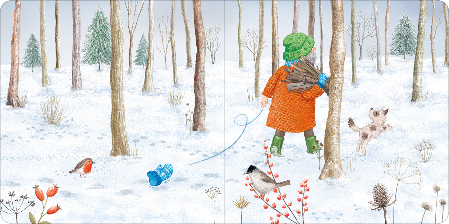 Gezeigt wird eine Innen- oder Zusatzansicht von „Der verlorene Handschuh“. Die Illustration zeigt ein verschneites Waldgebiet mit schlichten, hellen Tönen. Ein Kind mit einem orangefarbenen Mantel und einer grünen Mütze trägt Holz in den Händen, während ein kleiner Hund vor ihm spielt. Bunte Vögel sitzen auf den Ästen und dem Boden. Die Typografie ist verspielt und harmoniert gut mit der sanften Darstellung der Natur.