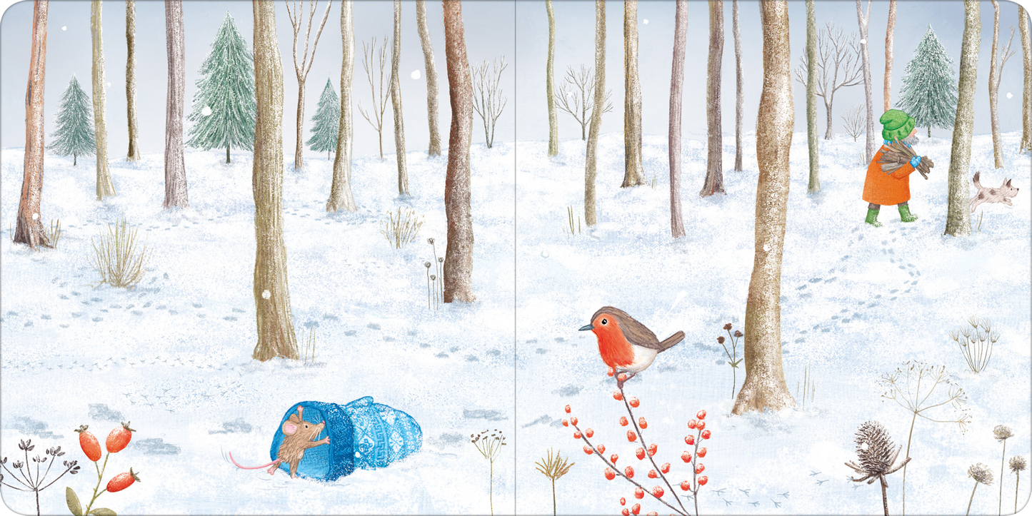 Gezeigt wird eine Innen- oder Zusatzansicht von „Der verlorene Handschuh“. Die Illustration zeigt eine serene Winterlandschaft mit schneebedecktem Boden und sparsam belaubten Bäumen in sanften Brauntönen. Ein kleiner blauer Handschuh liegt auf dem Schnee, während ein roter Vogel und eine Figur in orangefarbener Kleidung, die eine grüne Mütze trägt, im Hintergrund zu sehen sind. Die Farbgebung wirkt harmonisch und freundlich, die Typografie im Text ist klar und gut lesbar.