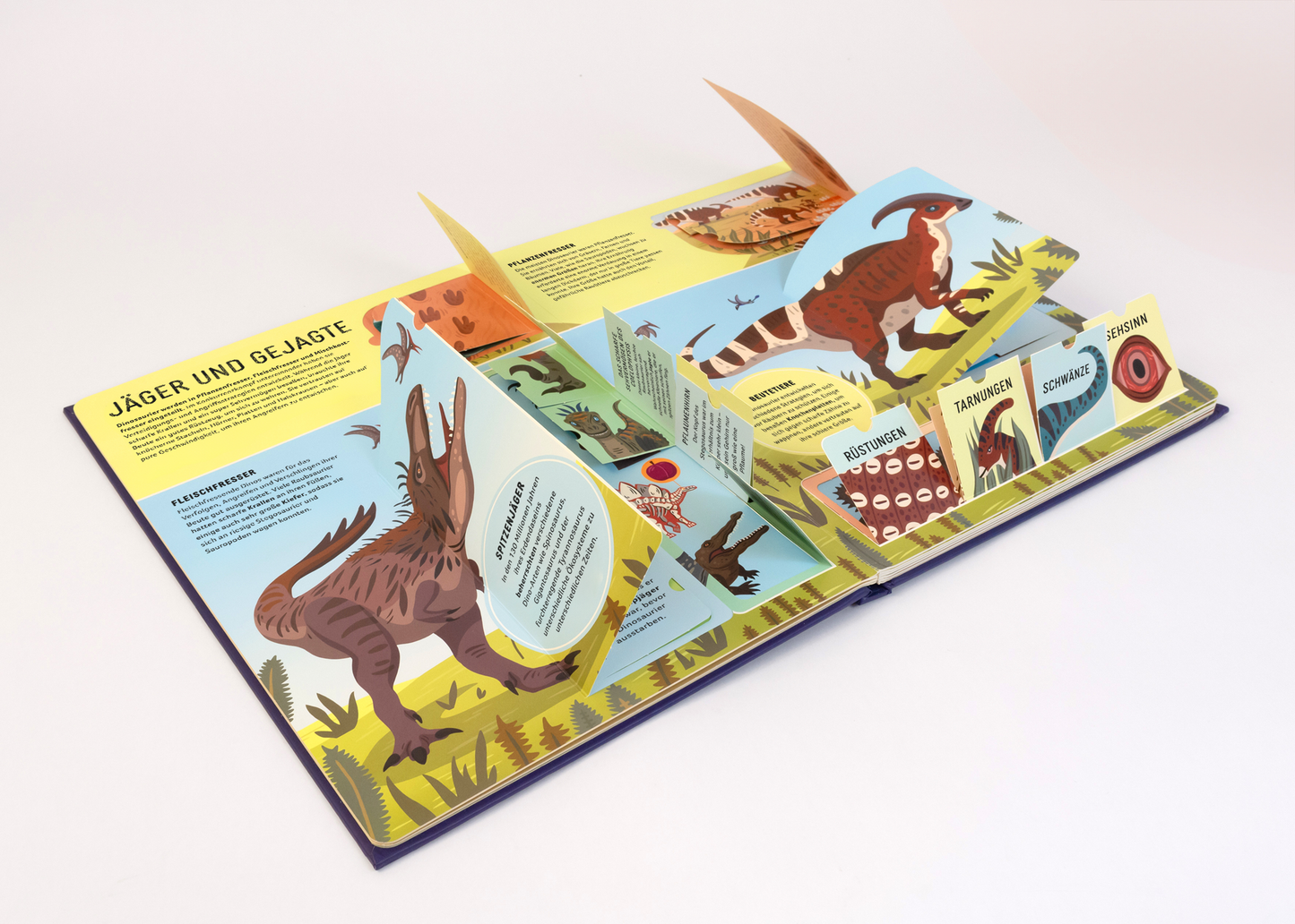 Gezeigt wird eine Innenansicht von „Dinosaurier“. Die Seite zeigt farbenfrohe Illustrationen von Dinosauriern in einer natürlichen Umgebung. Auf der linken Seite befindet sich ein gelber Hintergrund mit einem Textfeld über „Jäger und Gejagte“. Rechts sind aufklappbare Elemente in verschiedenen Farben, die weitere Informationen zu den Dinosauriern darstellen. Die Typografie ist modern und gut lesbar, unter Verwendung kräftiger Farben wie Blau, Grün und Rot zur visuellen...