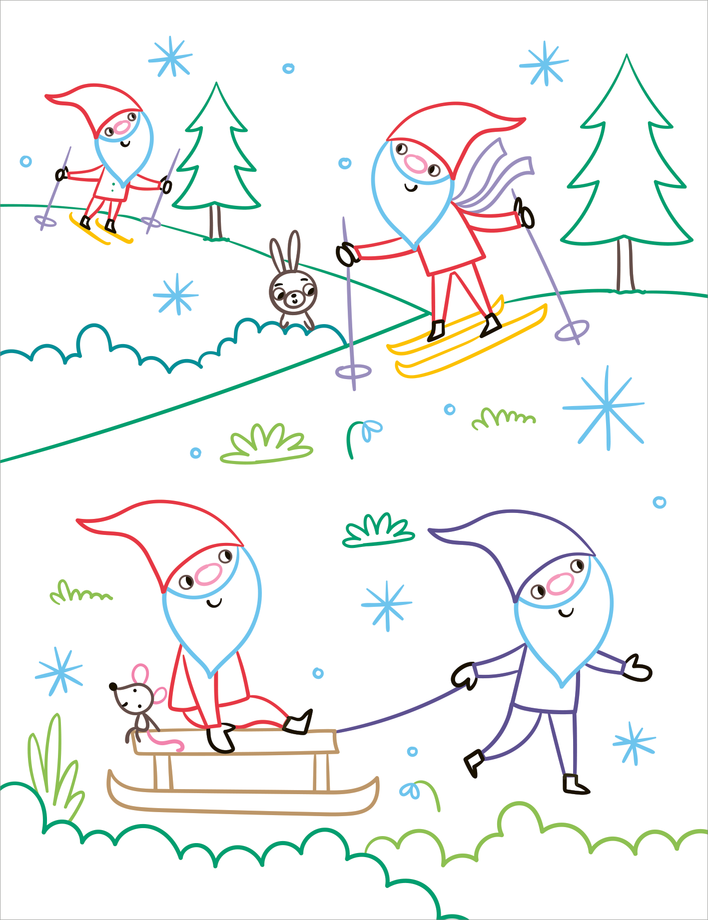 Gezeigt wird eine Innen- oder Zusatzansicht von „Zauberbilder – Adventskalender“. Die Illustration zeigt vier fröhliche Wichtel in roten und blauen Outfits mit Wichtelmützen, die Skifahren oder Schlittefahren. Hintergrundelemente sind grüne Tannenbäume und stilisierte Schneeflocken, die eine lebendige Winterlandschaft schaffen. Die Farbgebung ist hell und einladend, mit klaren, gut lesbaren Linien. Nur die Konturen sind farbig, damit Kinder die weißen Flächen ausmalen und den Effekt...