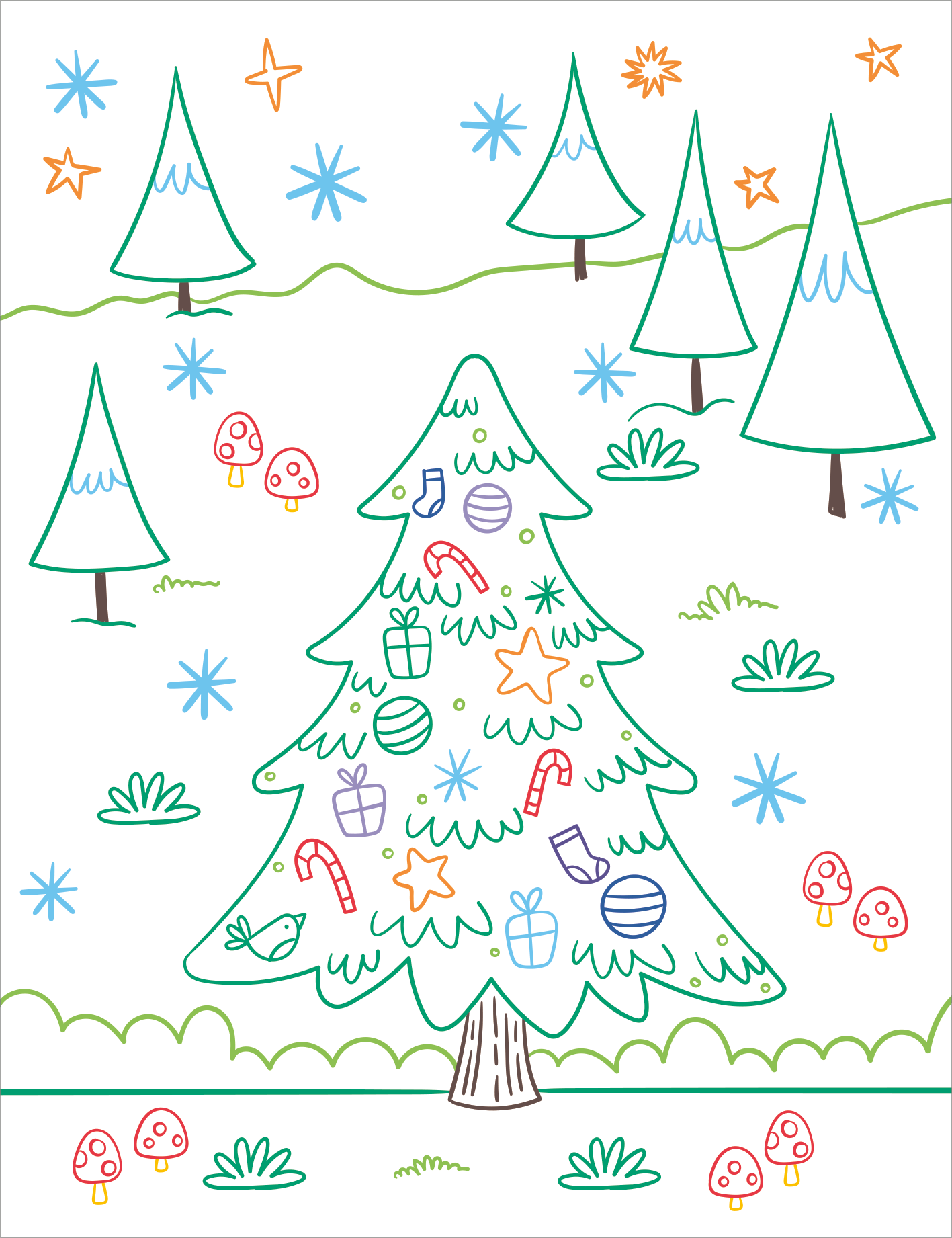 Gezeigt wird eine Innen- oder Zusatzansicht von „Zauberbilder – Adventskalender“. Die Illustration zeigt einen freundlichen, stilisierten Weihnachtsbaum in sanften Grüntönen, geschmückt mit bunten Ornamenten wie Sternen, Kugeln und Zuckerstangen. Im Hintergrund sind einfache, skizzierte Tannenbäume sowie farbenfrohe Schneeflocken und Pilze zu sehen.