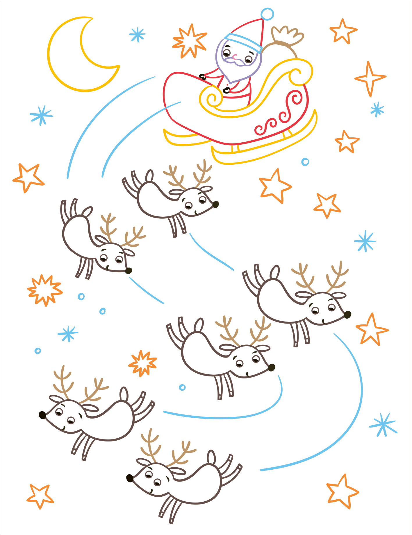 Gezeigt wird eine Innen- oder Zusatzansicht von „Zauberbilder – Adventskalender“. Die Illustration zeigt einen Weihnachtsmann in einem bunten Schlitten, der von sechs niedlichen Rentieren an Himmel gezogen wird. Die Farben sind überwiegend hell, mit einer Kombination aus Blau, Orange und Gelb. Sterne, eine Mondsichel und lockere, geschwungene Linien ergänzen die fröhliche, festliche Atmosphäre der Szene.