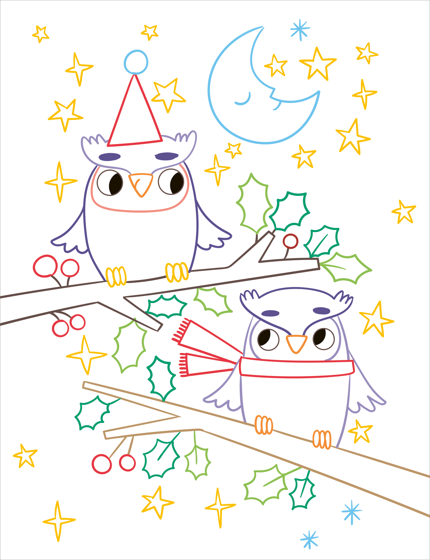 Gezeigt wird eine Innen- oder Zusatzansicht von „Zauberbilder – Adventskalender“. Die Illustration zeigt zwei fröhliche Eulen, die auf einem Ast sitzen. Eine Eule trägt eine weihnachtiche Mütze, die andere einen roten Schal. Um sie herum sind bunte Sterne, eine schlafende Mondsichel und grüne Blätter sowie rote Beeren zu sehen. Die Farben sind lebhaft und variieren zwischen Blau, Rot, Gelb und Grün, was eine festliche Atmosphäre schafft.