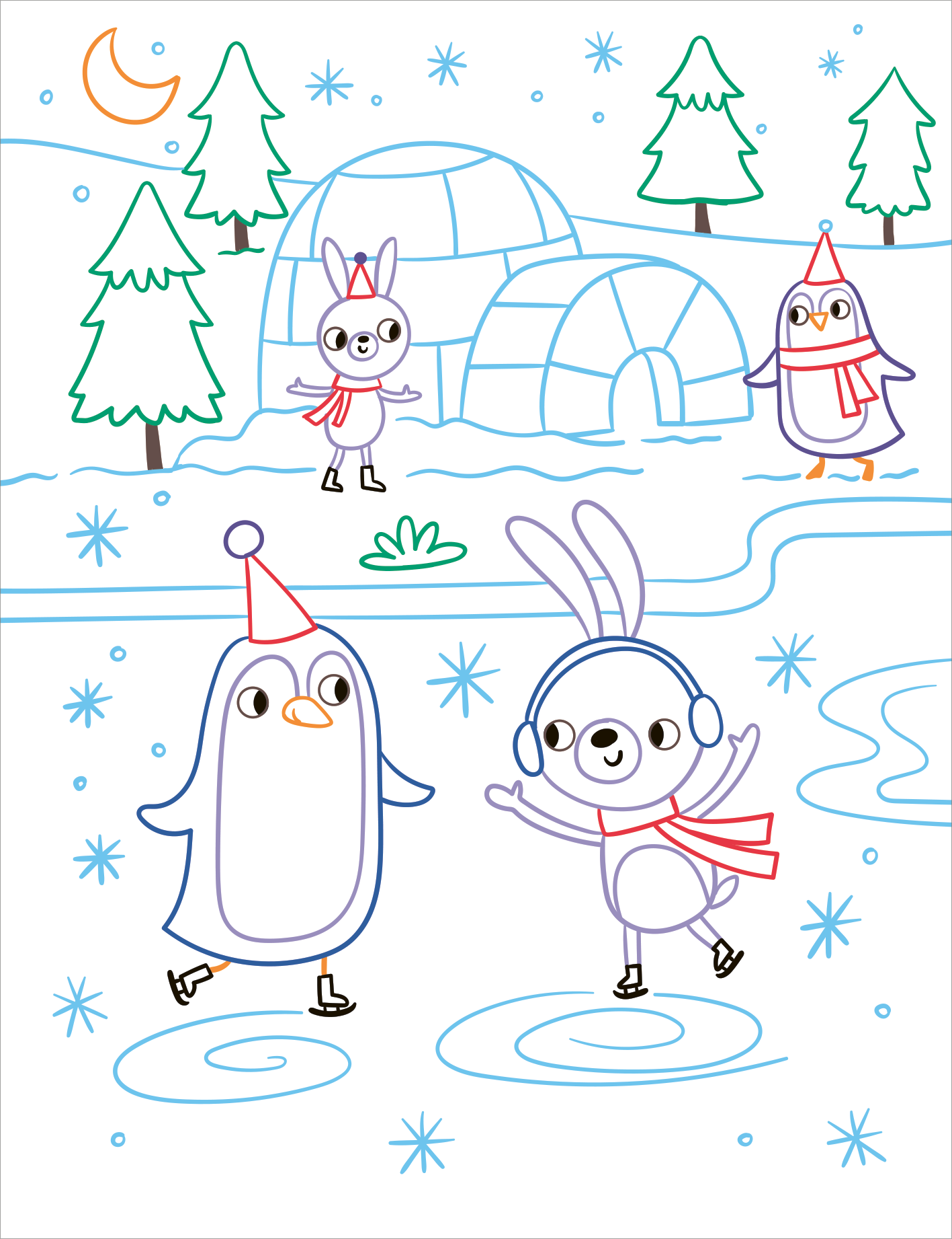 Gezeigt wird eine Innen- oder Zusatzansicht von „Zauberbilder – Adventskalender“. Die Illustration zeigt einen winterlichen Szenenausschnitt mit Pinguinen und Hasen auf einer Eisbahn und vor einem Iglu. Die Figuren sind einfach und freundlich gestaltet, in sanften Pastellfarben. Im Hintergrund sind grüne Tannenbäume und der Nachthimmel. Fallende Schneeflocken sorgen für eine winterliche Atmosphäre.