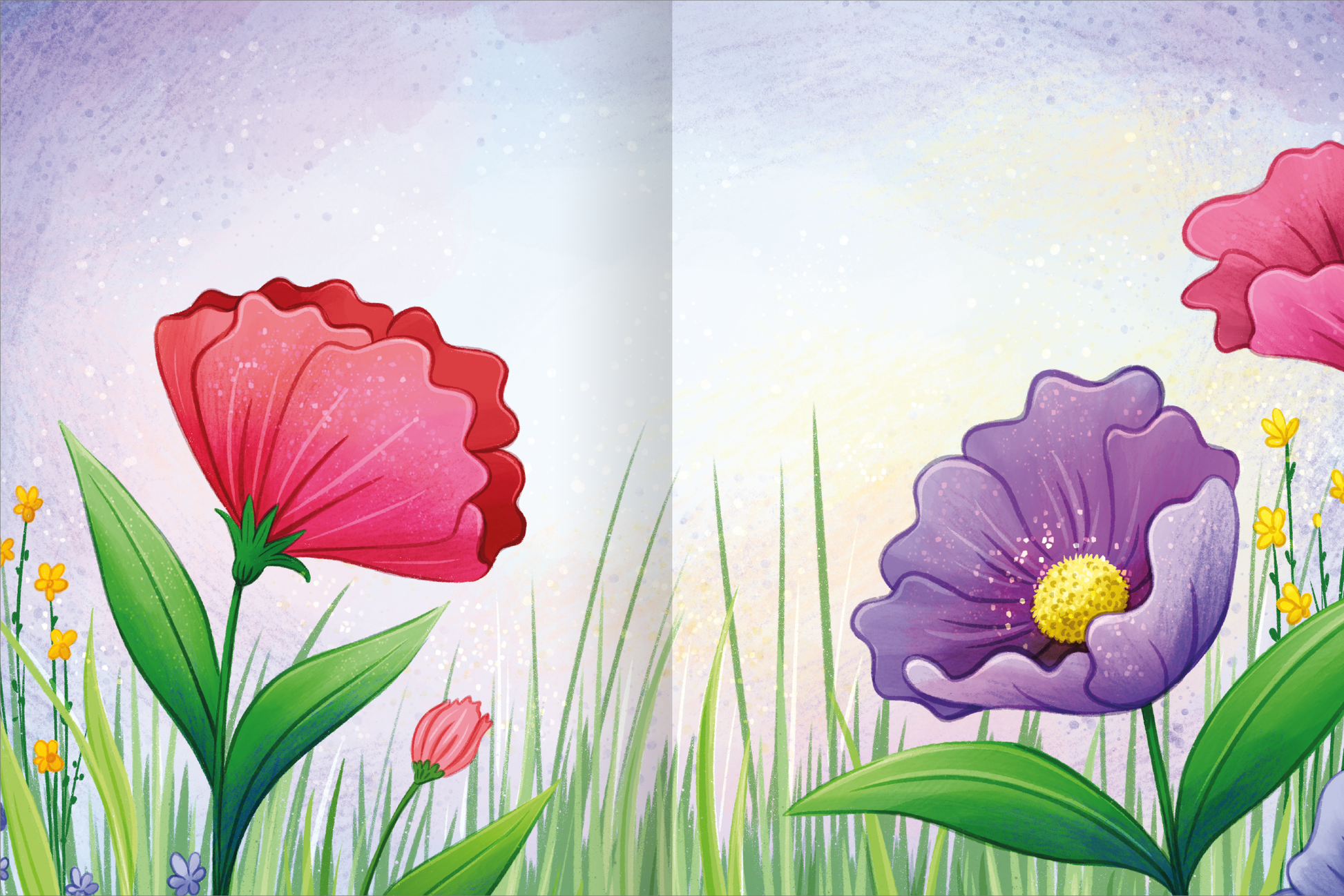 Gezeigt wird eine Innen- oder Zusatzansicht von „Mein schillerndes Stickerheft – Fantastische Feenwelt“. Die Illustration zeigt eine farbenfrohe Blumenwiese mit leuchtend roten und lila Blüten, umgeben von sattem, grünen Grashalm. Im Hintergrund schimmert ein sanfter Farbverlauf von Blau und Rosa. Die runden und geschwungenen Formen der Blütenblätter sind detailreich gestaltet, während die Schriftzüge in verspielter, gut lesbarer Typografie gehalten sind, die die Märchenwelt...