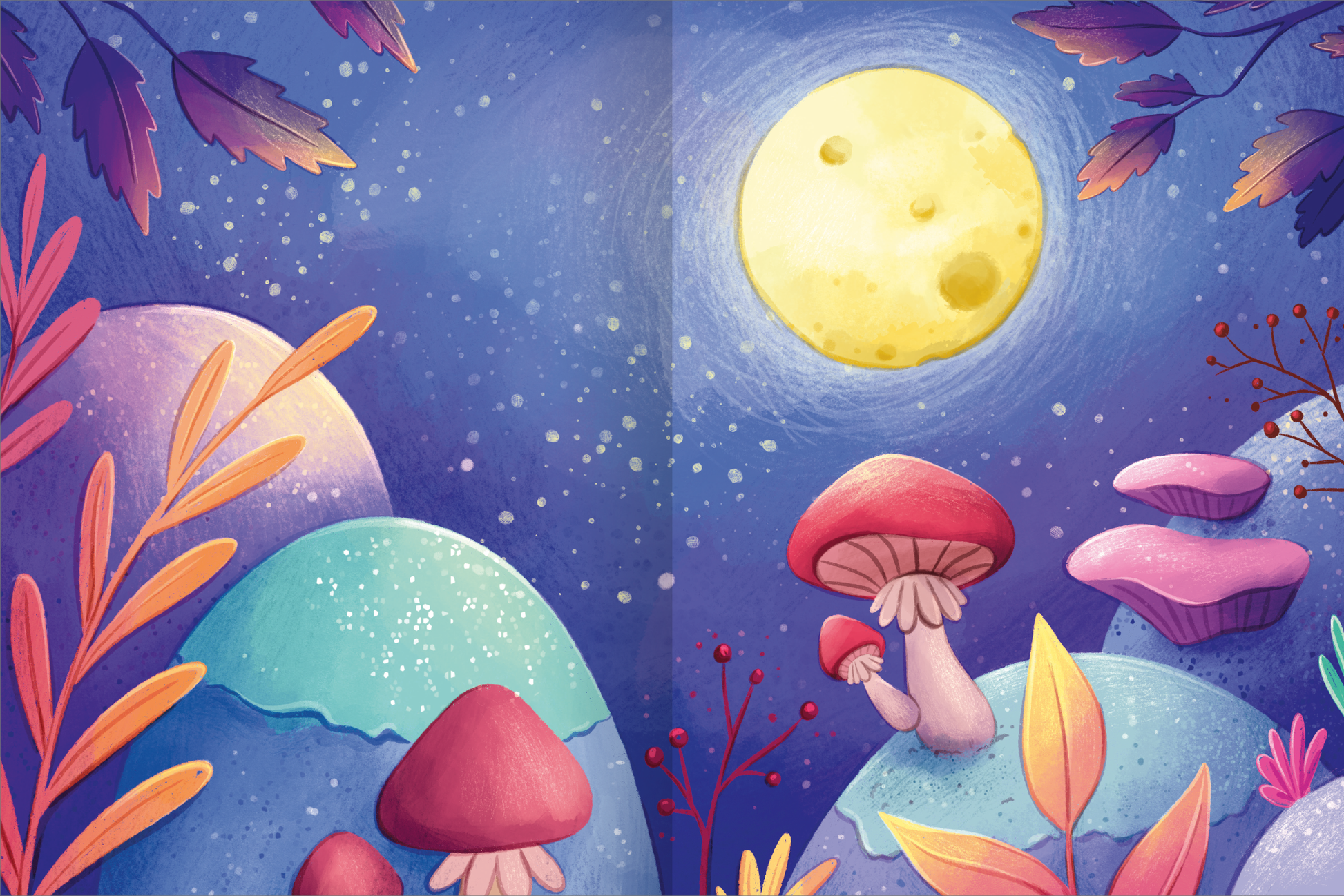 Gezeigt wird eine Innen- oder Zusatzansicht von „Mein schillerndes Stickerheft – Fantastische Feenwelt“. Die Illustration präsentiert eine traumhafte Landschaft mit sanften Hügeln in Blau- und Lilatönen, die von bunten, fantasievollen Pilzen und Pflanzen gesäumt sind. Über der Szene strahlt ein großer, gelber Mond in einem tiefblauen Himmel. Die Verwendung lebendiger Farben und verspielter Formen schafft eine einladende, magische Atmosphäre, die die Fantasie anregt.