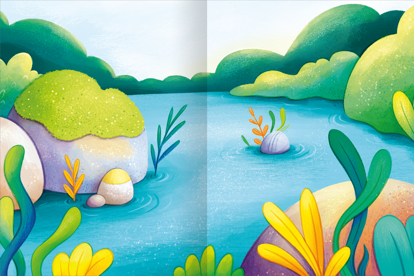 Gezeigt wird eine Innen- oder Zusatzansicht von „Mein schillerndes Stickerheft – Fantastische Feenwelt“. Die Illustration präsentiert eine lebendige, fantasievolle Gewässerlandschaft mit sanften, abgerundeten Steinen in verschiedenen Farben, die von üppigem, grünem Laub umgeben sind. Gelbe und orangefarbene Pflanzen sprießen aus dem Bild, wobei der Hintergrund in verschiedenen Grüntönen schimmert. Die harmonische Farbpalette und die verspielte Typografie verleihen der Szene eine...