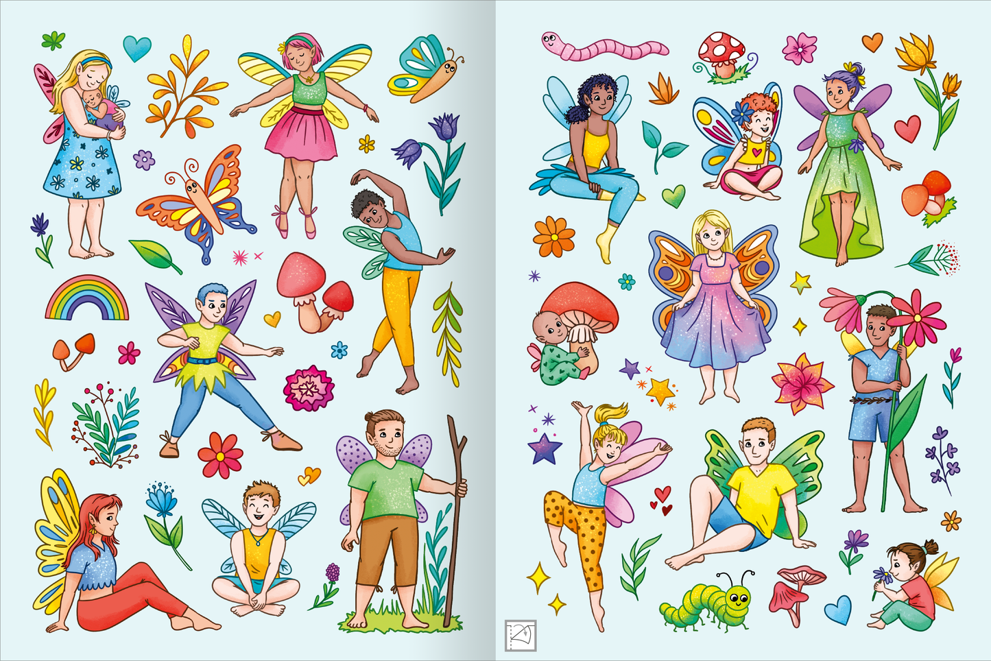 Gezeigt wird eine Innen- oder Zusatzansicht von „Mein schillerndes Stickerheft – Fantastische Feenwelt“. Die Seite zeigt eine Vielzahl bunter Feen und Kinder in fantasievollen Posen, umgeben von Blumen, Pilzen und weiteren Naturmotiven. Die Farben sind lebhaft und fröhlich, mit viel Grün, Rosa, Blau und Gelb. Die Typografie ist verspielt und umfasst liebevolle Details, die die verspielte Thematik unterstreichen.