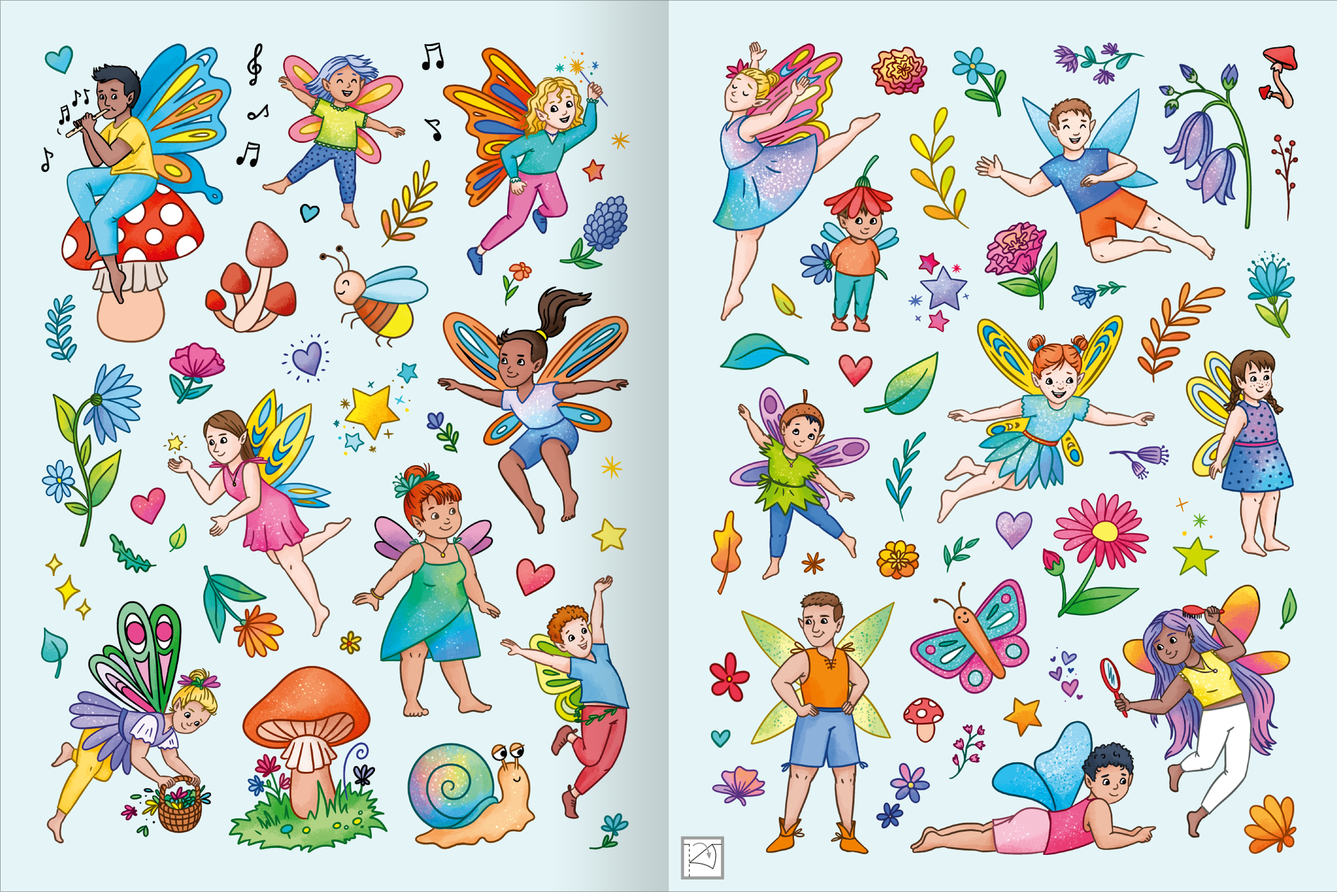 Gezeigt wird eine Innen- oder Zusatzansicht von „Mein schillerndes Stickerheft – Fantastische Feenwelt“. Die Seiten sind in sanften Pastellfarben gehalten, mit bunten Illustrationen von Feen, Kindern und einer Vielzahl an Pflanzen und Blumen. Die Typografie ist verspielt und kindgerecht. Auf der linken Seite sind Feen auf Pilzen und bunte Blumen zu sehen, während die rechte Seite lebhafte Szenen mit tanzenden Feen und schmetterlingen darstellt.