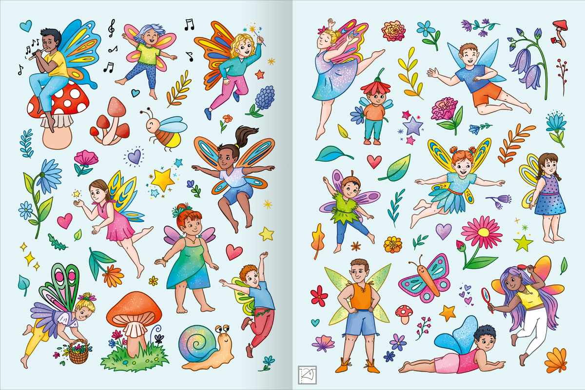 Gezeigt wird eine Innen- oder Zusatzansicht von „Mein schillerndes Stickerheft – Fantastische Feenwelt“. Die Seiten sind in sanften Pastellfarben gehalten, mit bunten Illustrationen von Feen, Kindern und einer Vielzahl an Pflanzen und Blumen. Die Typografie ist verspielt und kindgerecht. Auf der linken Seite sind Feen auf Pilzen und bunte Blumen zu sehen, während die rechte Seite lebhafte Szenen mit tanzenden Feen und schmetterlingen darstellt.