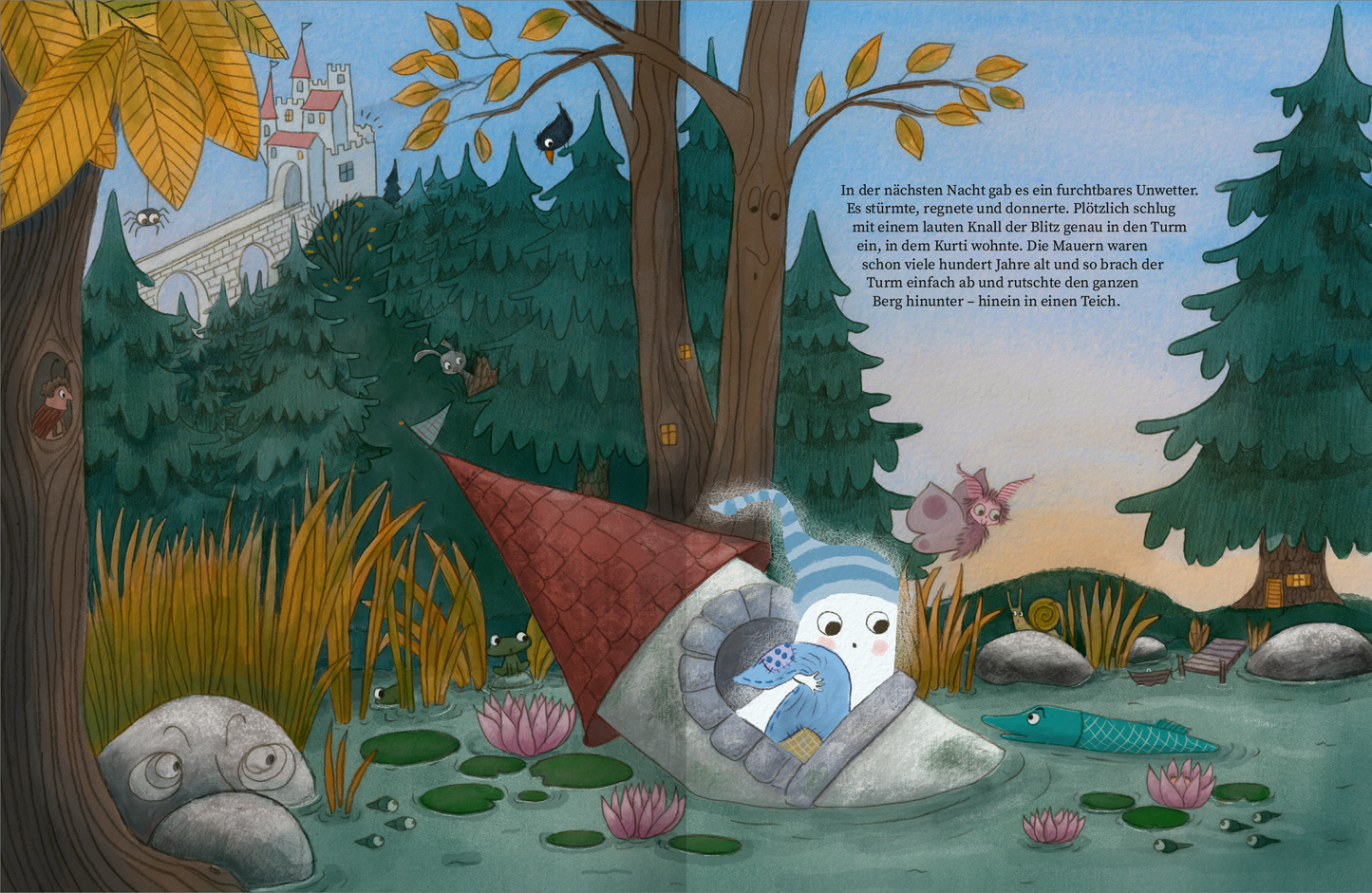 Gezeigt wird eine Innen- oder Zusatzansicht von „KURTI - Das Schlossgespenst“. Die Illustration zeigt einen märchenhaften Wald mit einem kleinen, blauen Gespenst, das ruhig auf einem Felsen sitzt. Umgeben von bunten Pflanzen, Tieren und einem sanften Gewässer strahlt die Szene eine freundliche Atmosphäre aus. Der Hintergrund zeigt ein Schloss im oberen Bereich, während helle und dunkle Grüntöne sowie lebendige Farben die Vielfalt der Natur betonen. Die Typografie ist verspielt und...