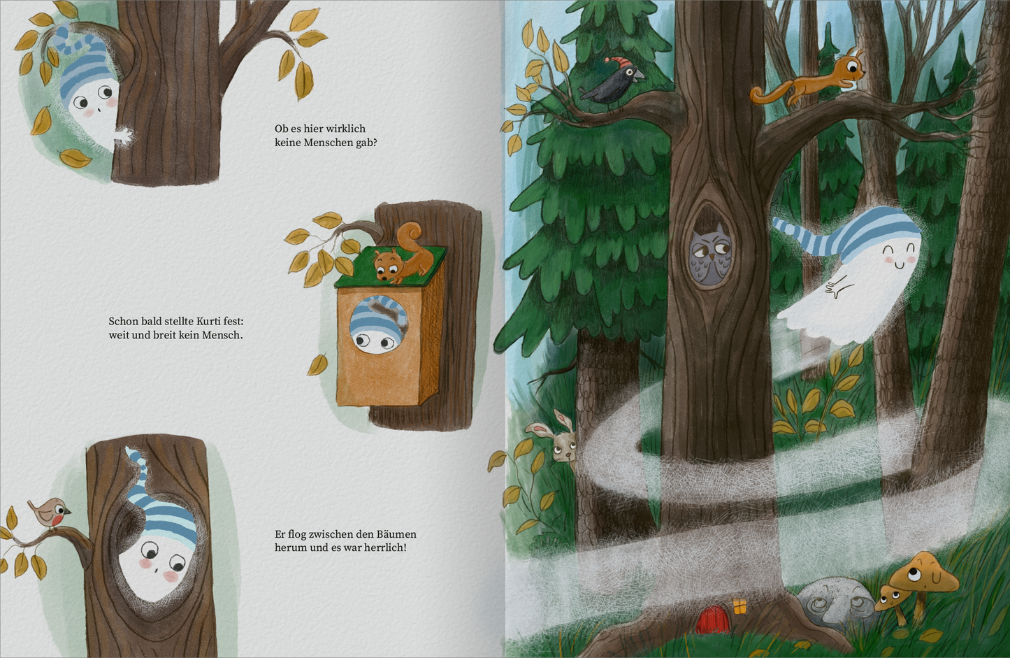 Gezeigt wird eine Innen- oder Zusatzansicht von „KURTI – Das Schlossgespenst“. Die Illustration zeigt einen bunten Wald mit verschiedenen Baumarten sowie einem verspielten Gespenst, das in einer Baumhöhle schwebt. Die Farben sind lebhaft und freundlich, mit Grüntönen des Waldes, sanften Brauntönen der Bäume und bunten Akzenten von Tieren. Die Typografie ist verspielt und gut lesbar, wobei Sprechblasen die Gedanken der Charaktere wiedergeben.