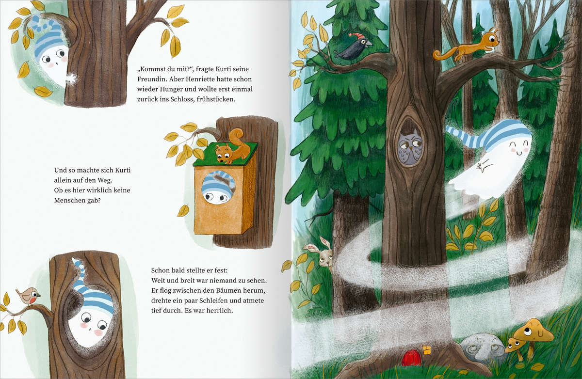 Gezeigt wird eine Innen- oder Zusatzansicht von „KURTI – Das Schlossgespenst“. Die Illustration zeigt einen bunten Wald mit hohen, grünen Bäumen. Kurti, ein gespenst mit blauer gestreifter Mütze, schwebt fröhlich durch die Szenerie. Auf der linken Seite sieht man einen Freund von Kurti in einer Baumhöhle. Die verspielte Typografie vermittelt den humorvollen Ton der Geschichte, während die leuchtenden Farben eine freundliche Atmosphäre schaffen. Kleine Tiere, wie Eichhörnchen und...