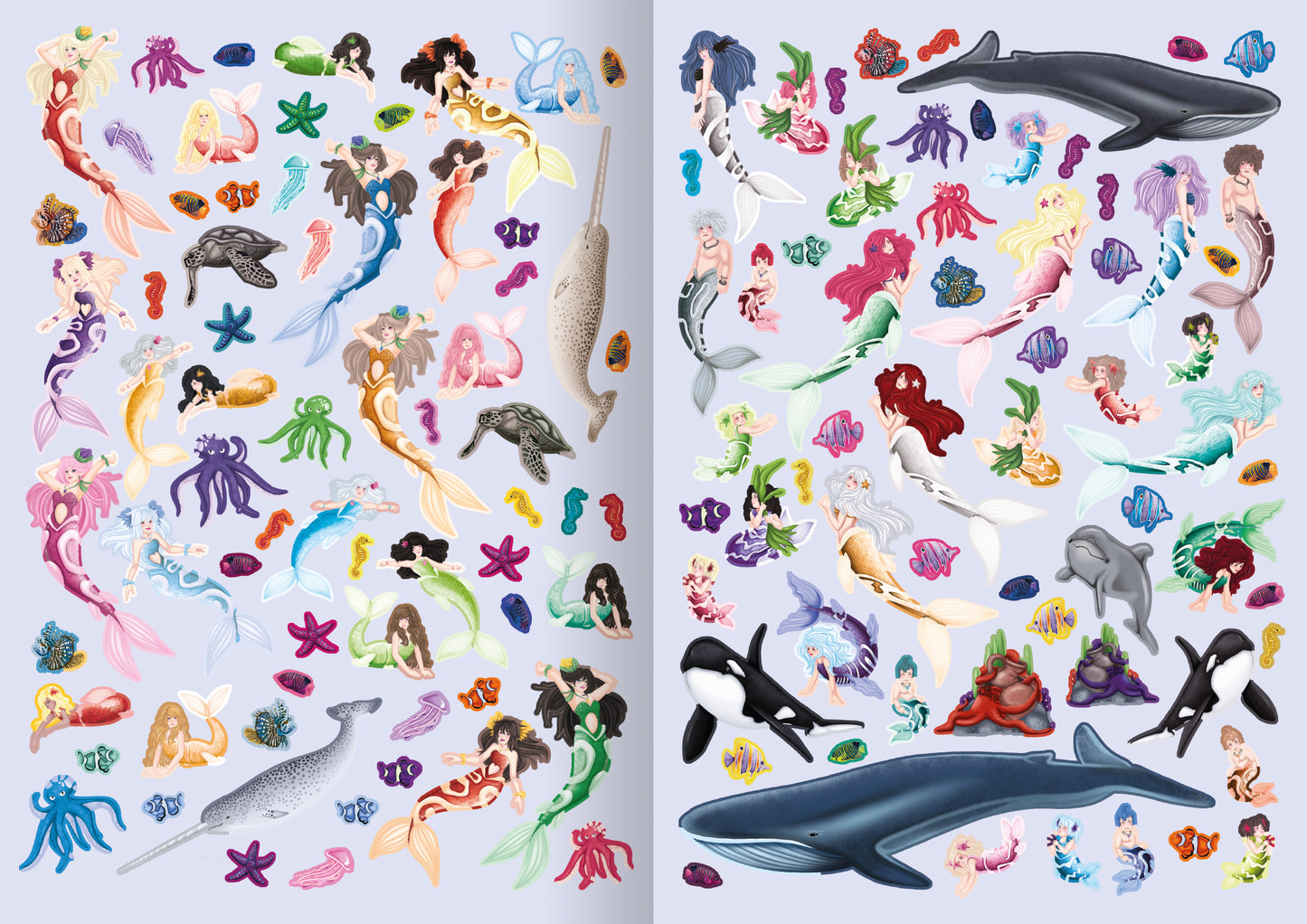Gezeigt wird eine Innen- oder Zusatzansicht von „Das superdicke Stickerheft – Zauberhafte Welten“. Die Ansicht präsentiert eine Vielzahl bunter, illustrativer Sticker, darunter Meerjungfrauen, Wale und verschiedene Meeresbewohner. Die Farben sind lebhaft und variieren von sanften Pastelltönen bis hin zu tiefen Blau- und Grüntönen. Die Typografie ist verspielt und kinderfreundlich, die Gestaltung vermittelt eine zauberhafte Unterwasserwelt voller Fantasie und Abenteuer.