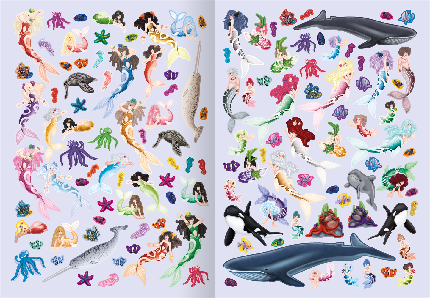 Gezeigt wird eine Innen- oder Zusatzansicht von „Das superdicke Stickerheft – Zauberhafte Welten“. Die Seiten sind in sanften Pastellfarben gestaltet, dominierend sind Lila- und Blautöne. Eine Vielzahl farbenfroher Sticker zeigt Meerjungfrauen, Fische, Wale und Meereslebewesen in lebhaftem Design. Die typografische Gestaltung ist verspielt und kindgerecht, was die Fantasie anregt und die magische Unterwasserwelt zum Leben erweckt.