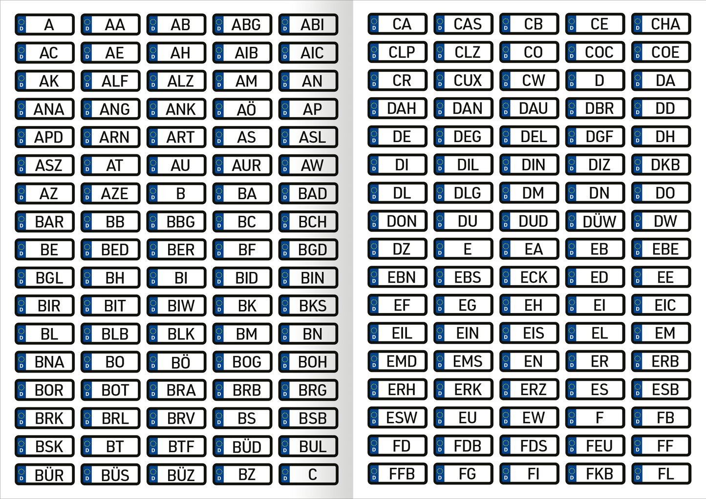 Gezeigt wird eine Innen- oder Zusatzansicht von „Autokennzeichen – Alle bundesweiten Kennzeichen zum Stickern“. Die Ansicht enthält mehrere rechteckige Sticker mit abgerundeten Ecken, die in unterschiedlichen Farben gestaltet sind, überwiegend in Blau und Weiß. Auf jedem Sticker ist eine Buchstabenkombination zu sehen, die die jeweiligen Autokennzeichen darstellt. Die Schrift ist klar und gut lesbar, ergänzt durch eine moderne Typografie, die die Information hervorgehoben präsentiert.